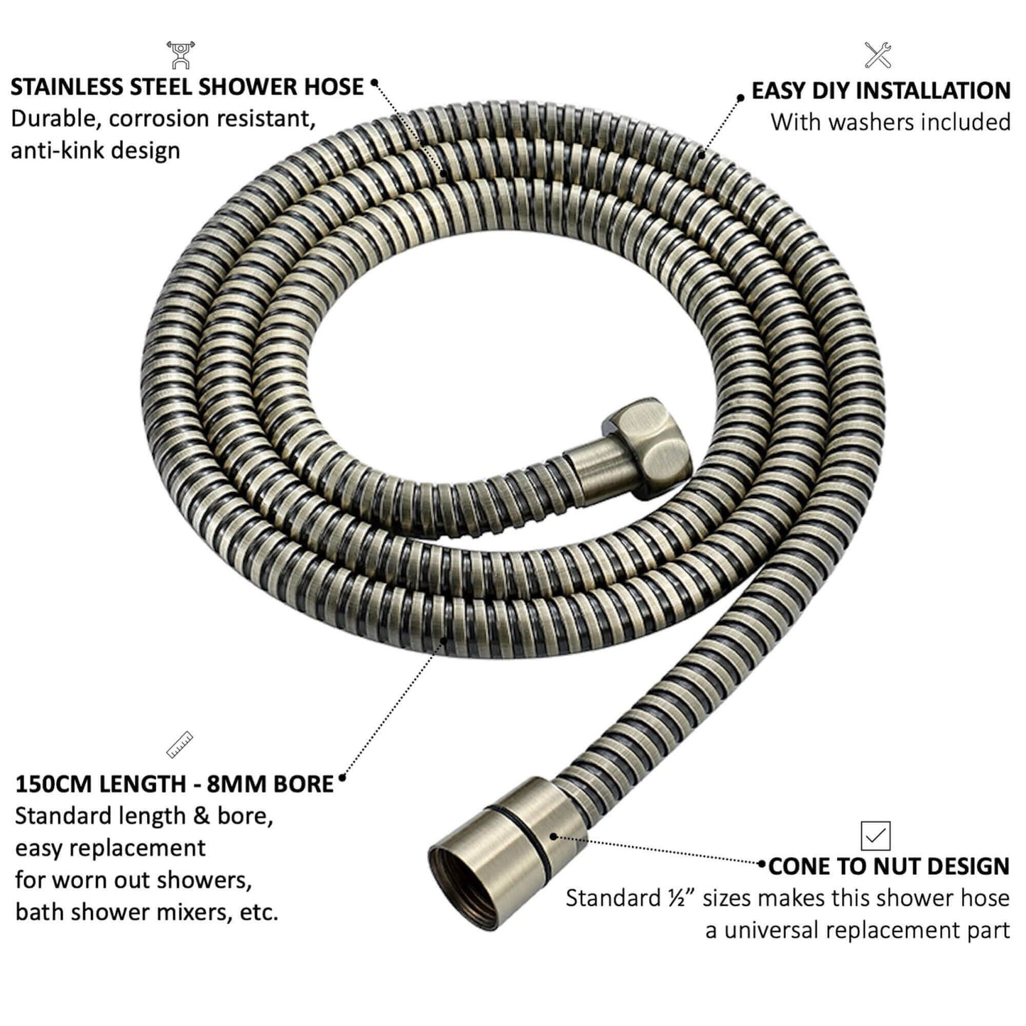 Buy Flex shower hose stainless steel 1.5m standard bore - antique brass Online UK | HOUSE OF ENKI