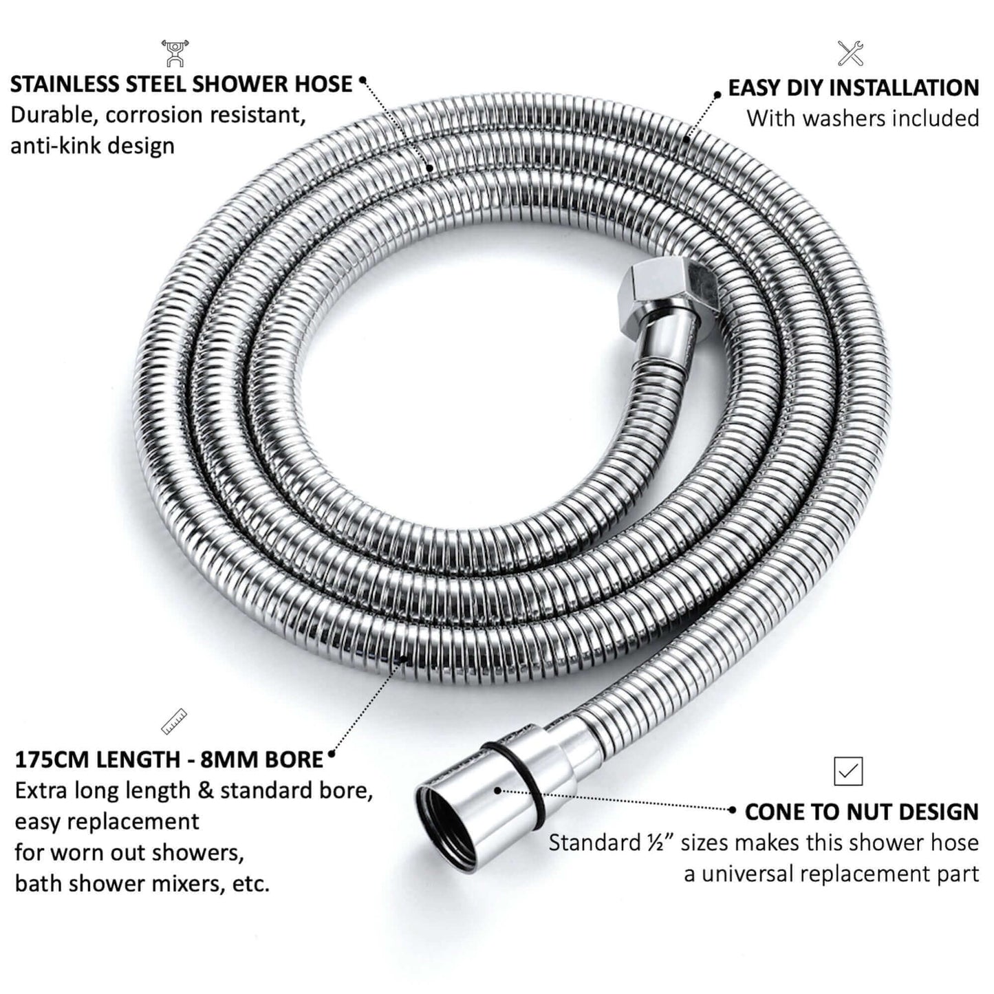 Buy Flex shower hose stainless steel 1.75m standard bore - chrome Online UK | HOUSE OF ENKI