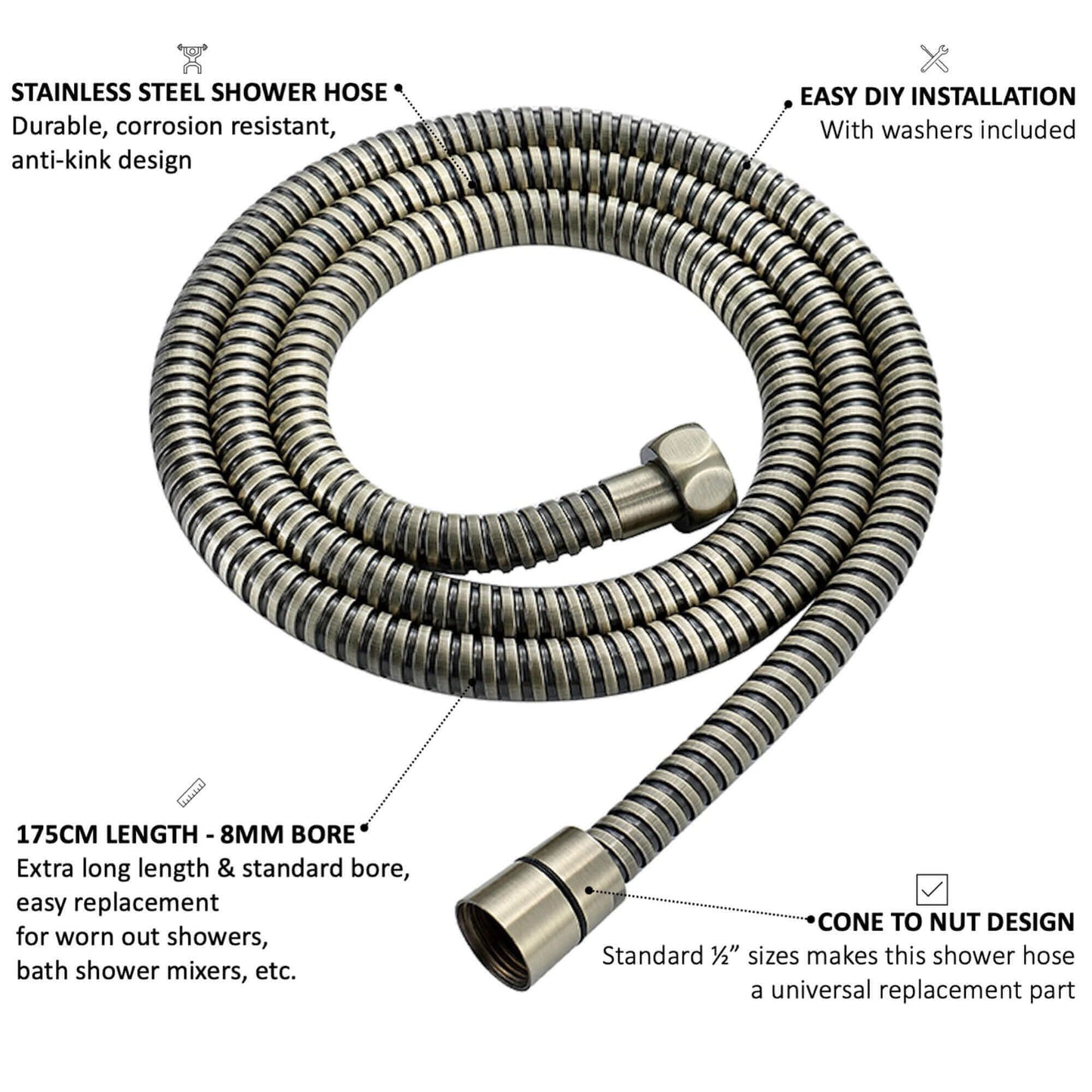 Buy Flex shower hose stainless steel 1.75m standard bore - antique brass Online UK | HOUSE OF ENKI