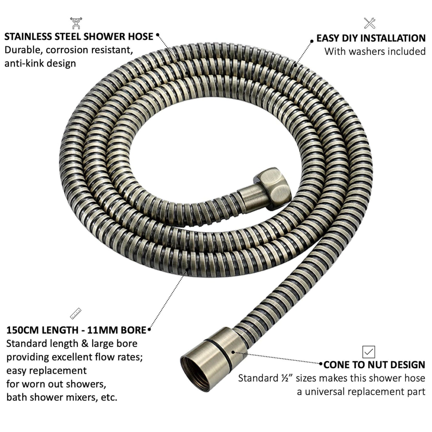 Buy Flex shower hose stainless steel 1.5m large bore - antique brass Online UK | HOUSE OF ENKI