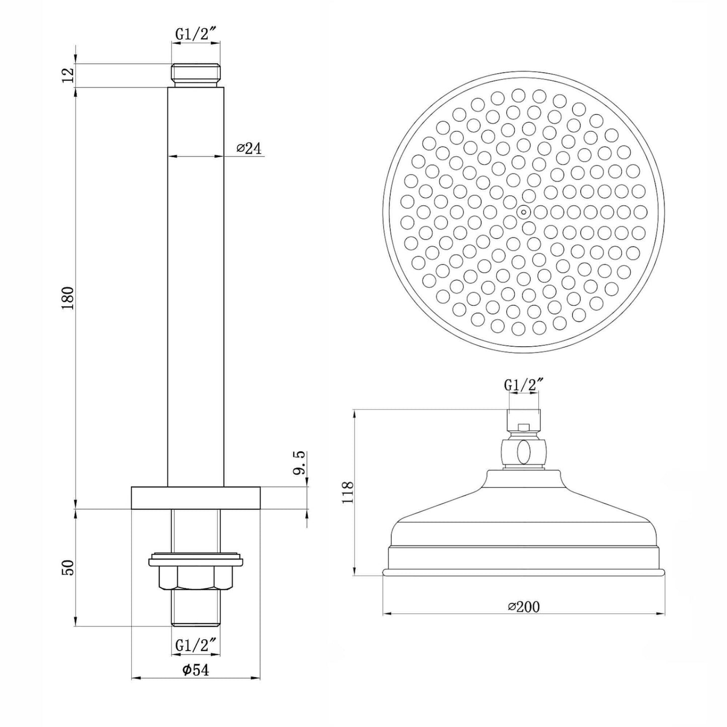 Buy Traditional Ceiling Fixed Apron Brass Shower Head 8" With 180mm Ceiling Shower Arm - Gold Online UK | HOUSE OF ENKI