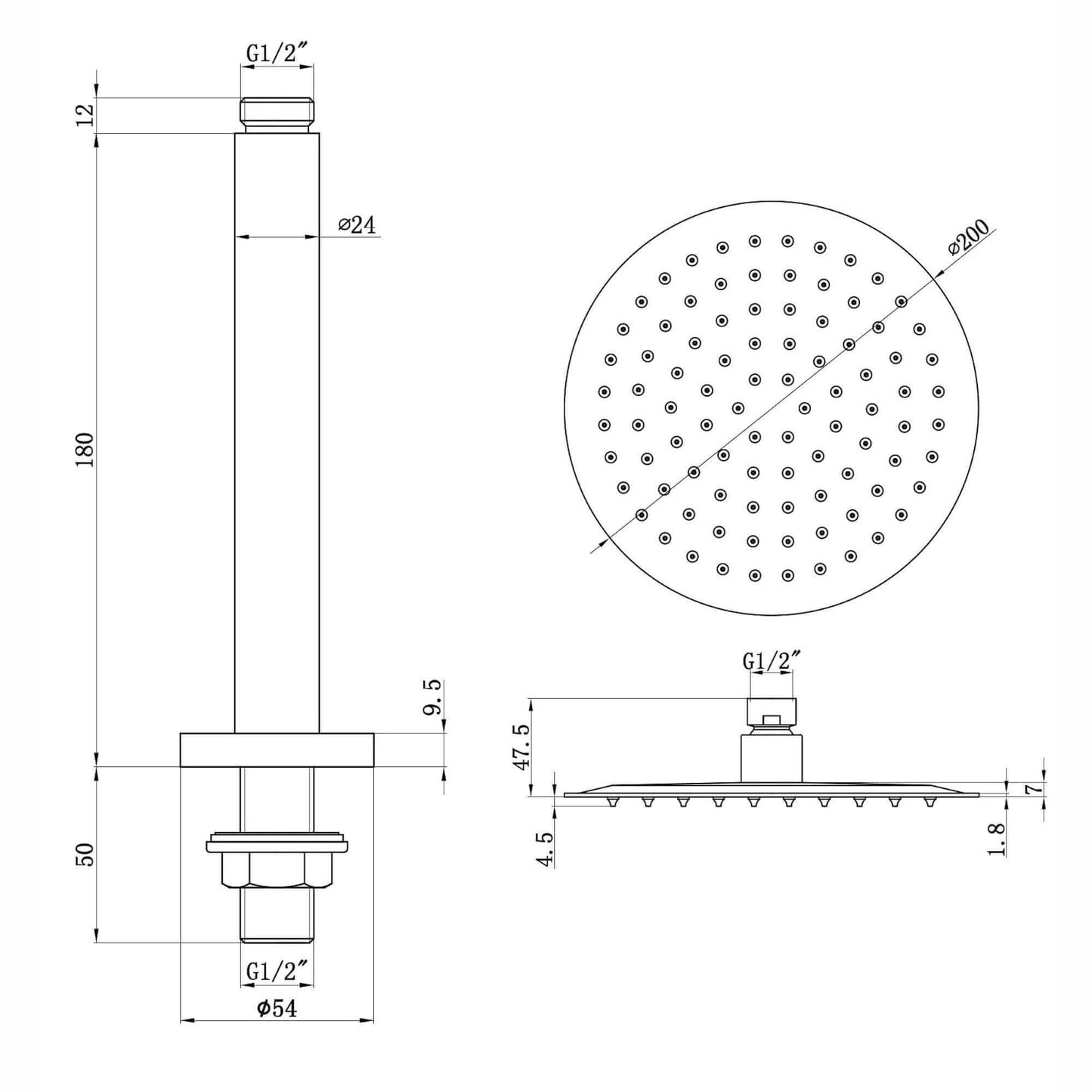 Buy Contemporary Ceiling Fixed Round Ultra Slim Stainless Steel Shower Head 8" With 180mm Ceiling Shower Arm - Matt Black Online UK | HOUSE OF ENKI
