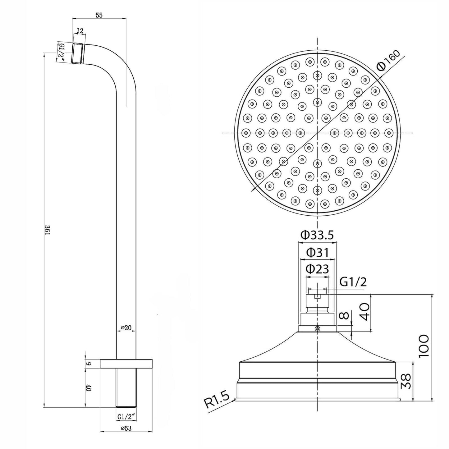 Buy Traditional Wall Fixed Apron Brass Shower Head 6" With Shower Arm - Gold online UK
