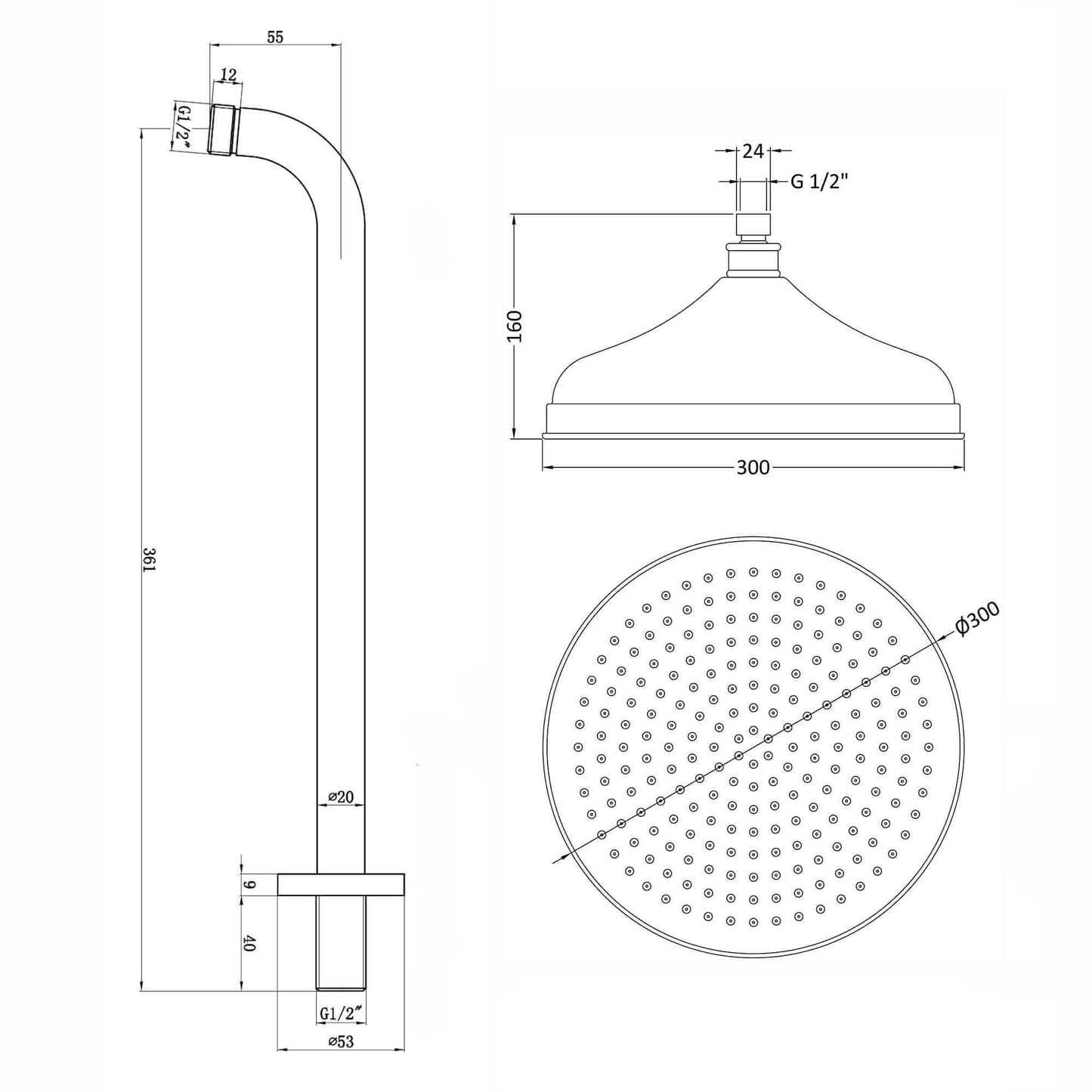 Buy Traditional Wall Fixed Apron Brass Shower Head 12" With Shower Arm - Antique Brass online UK