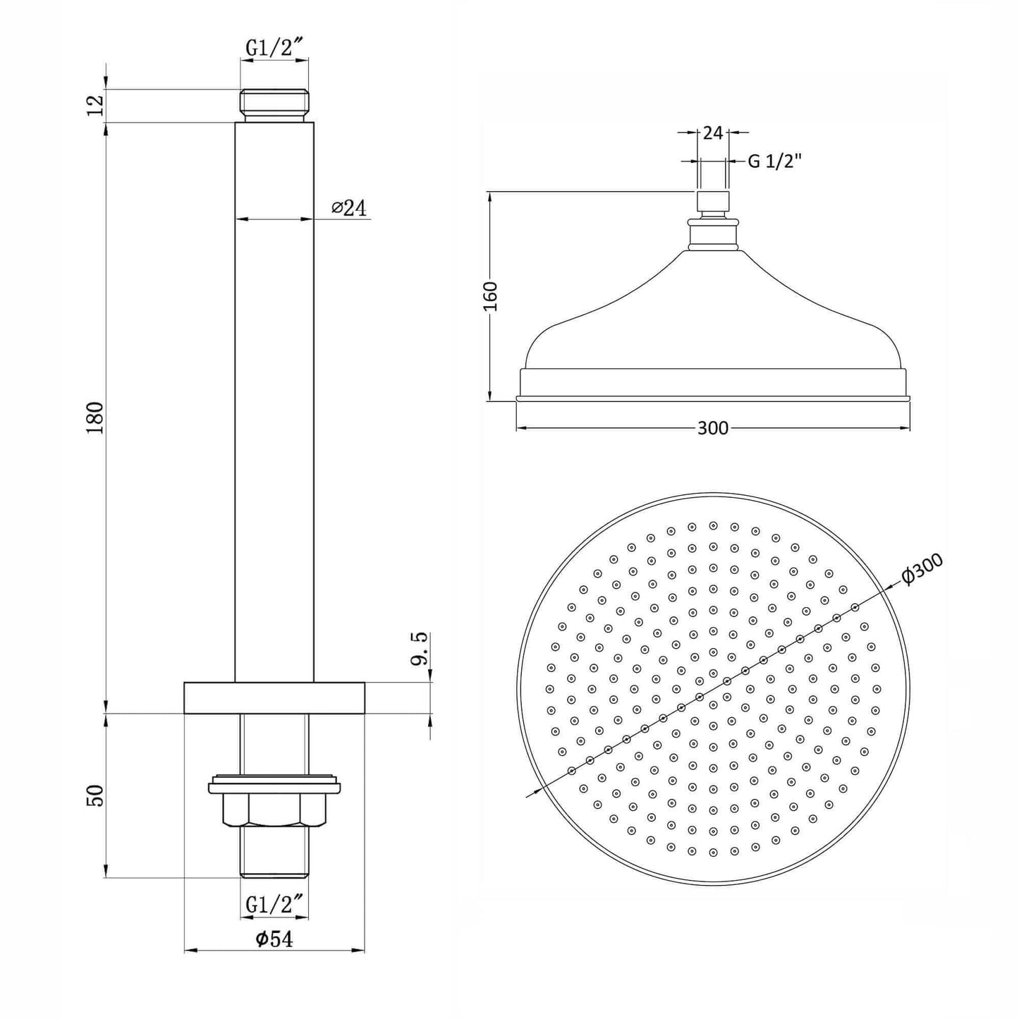 Buy Traditional Ceiling Fixed Apron Brass Shower Head 12" With 180mm Ceiling Shower Arm - Chrome online UK