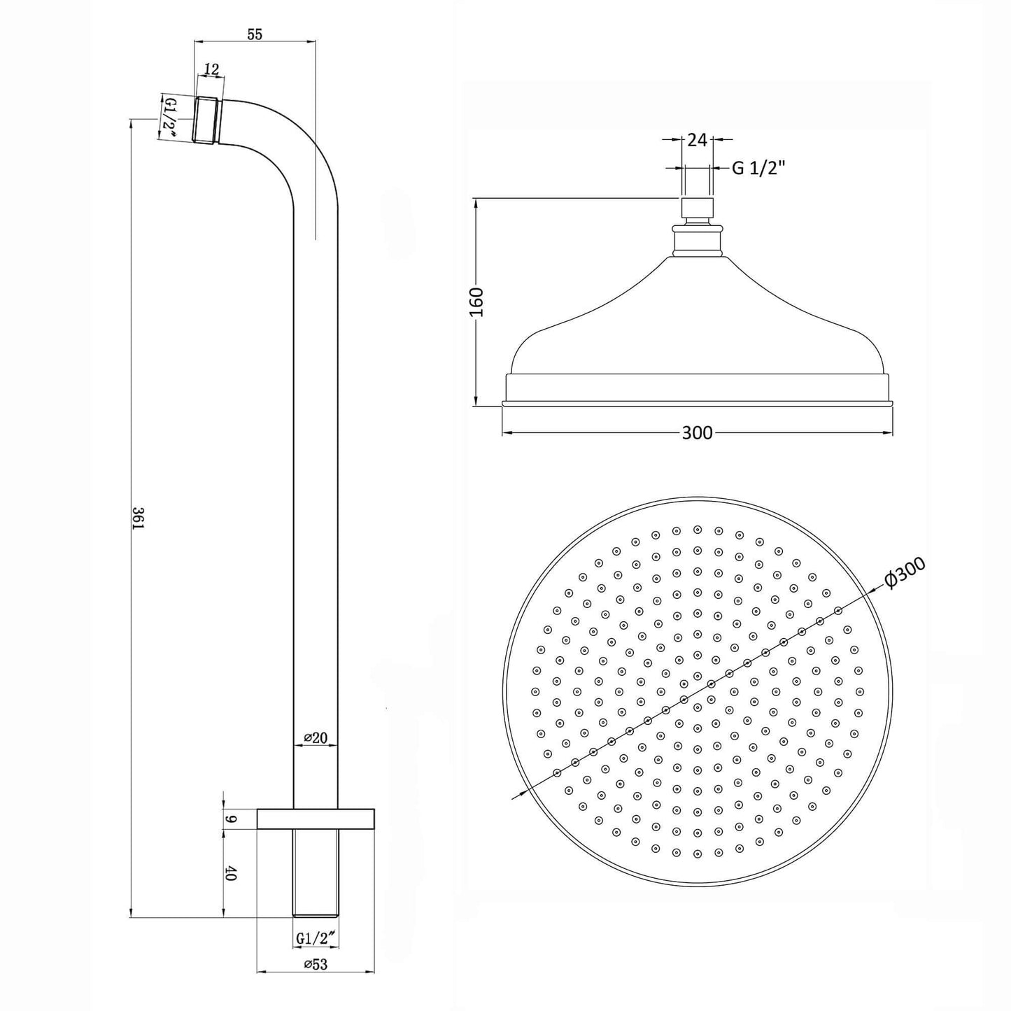 Traditional Wall Fixed Apron Brass Shower Head 12" With Shower Arm - Chrome