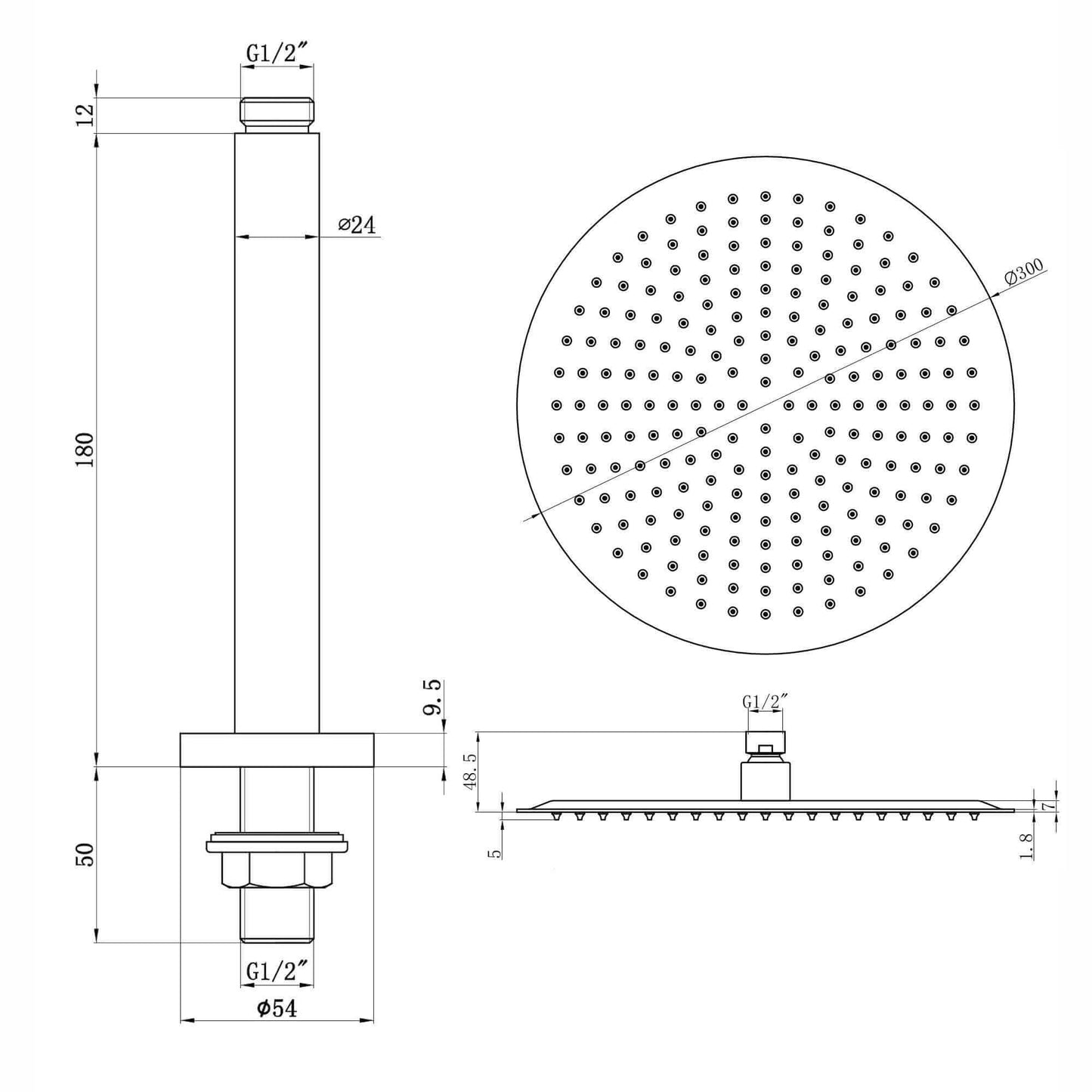 Buy Contemporary Ceiling Fixed Round Ultra Slim Stainless Steel Shower Head 12" With 180mm Ceiling Shower Arm - Matt Black Online UK | HOUSE OF ENKI