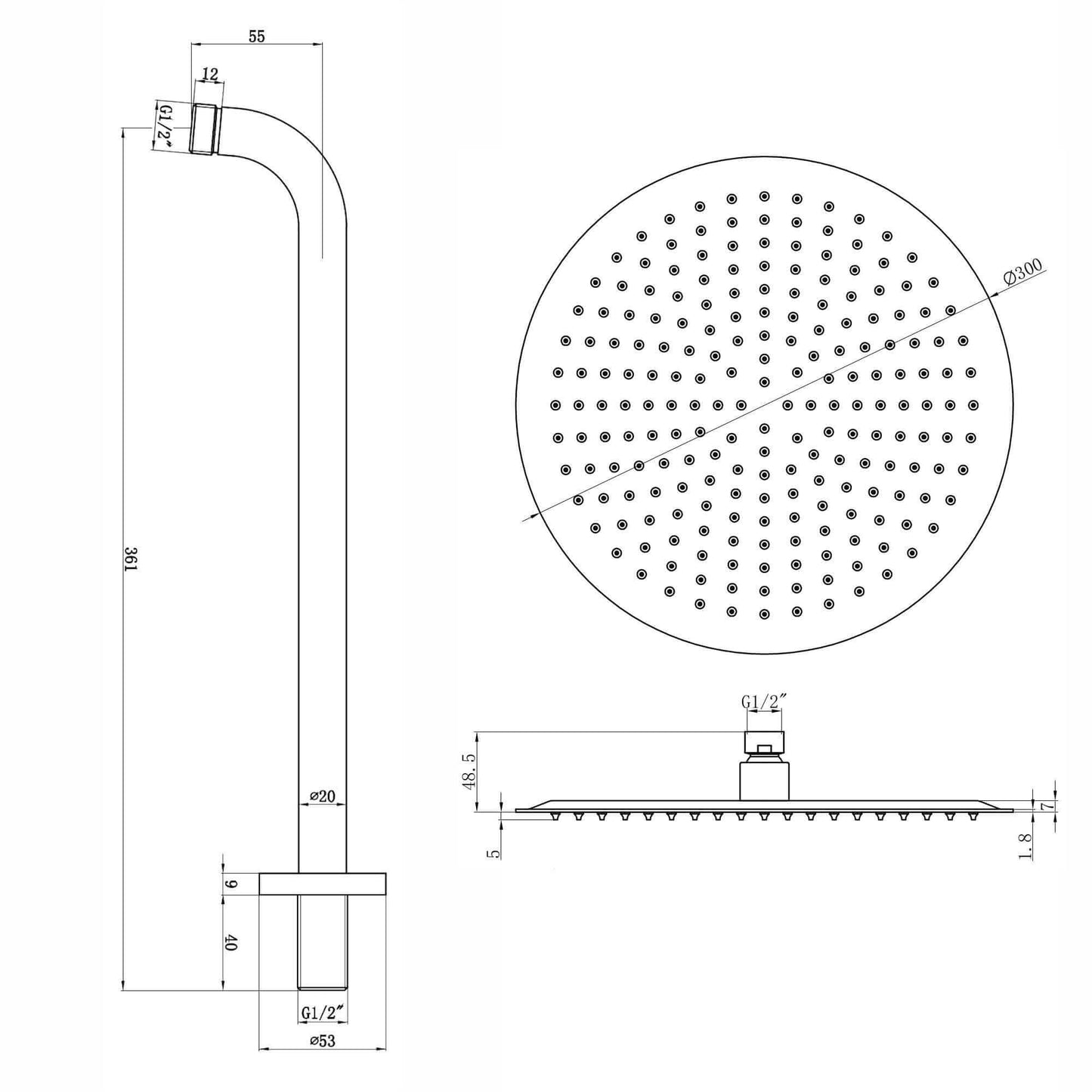 Buy Contemporary Wall Fixed Round Ultra Slim Stainless Steel Shower Head 12" With Shower Arm - Matt Black Online UK | HOUSE OF ENKI