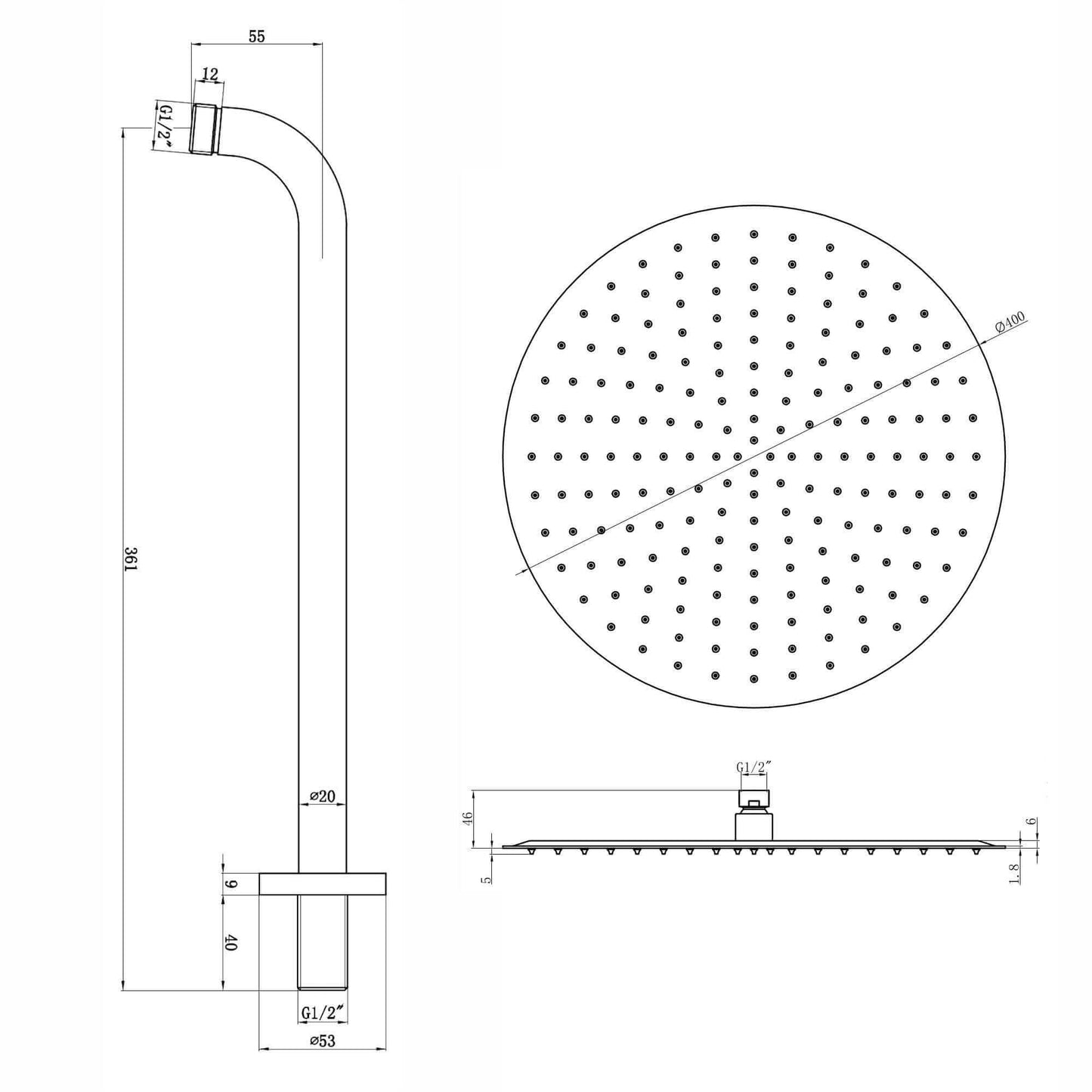Buy Contemporary Wall Fixed Round Ultra Slim Stainless Steel Shower Head 16" With Shower Arm - Matt Black Online UK | HOUSE OF ENKI