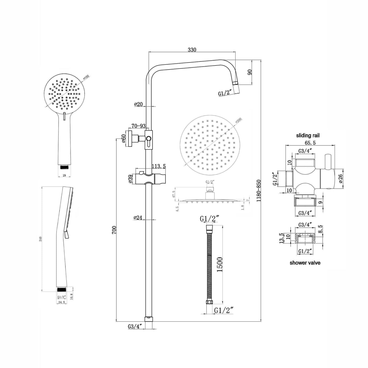 Buy Dune dual shower riser kit adjustable height angled round easy clean head 200mm, 3 setting handshower - black online UK