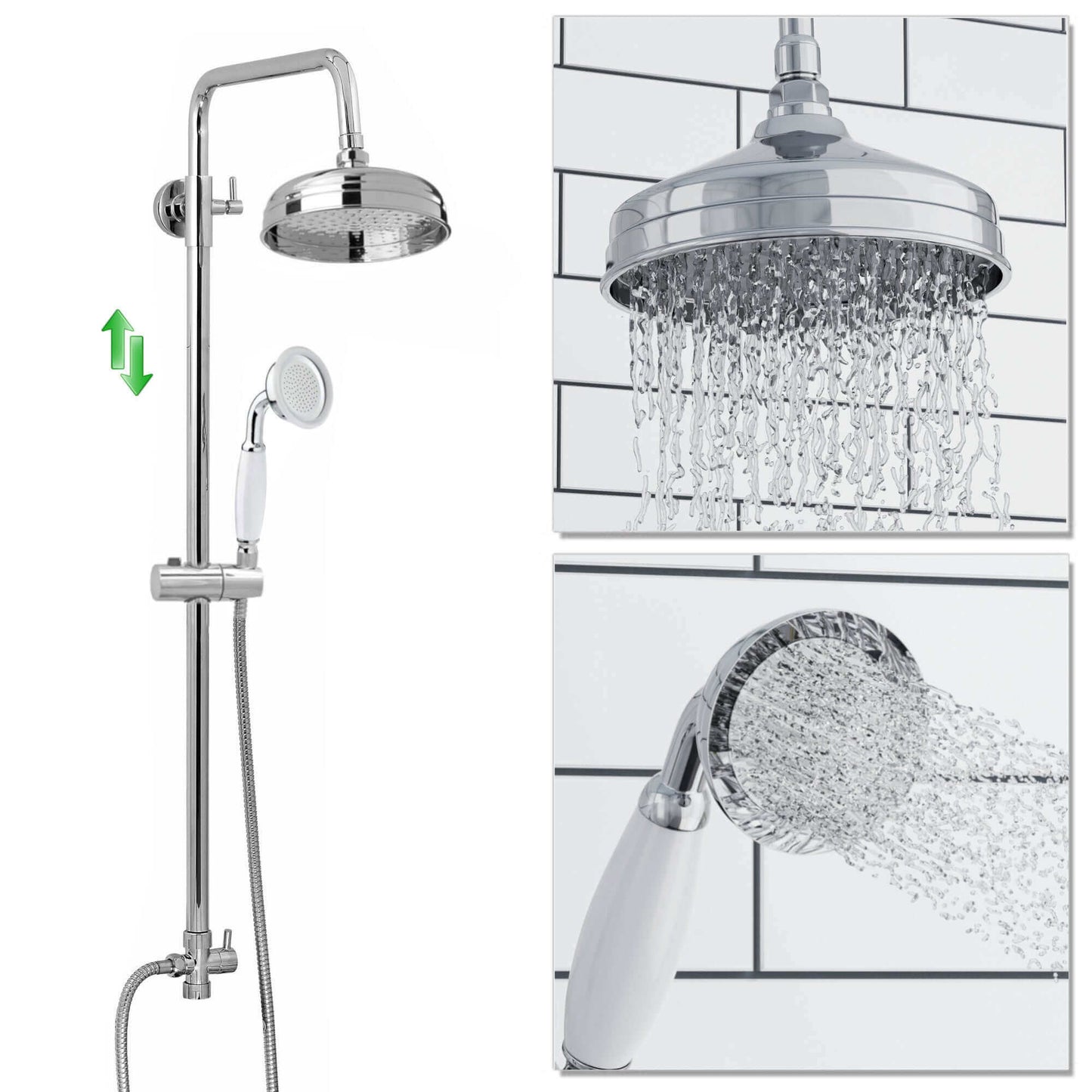 Buy Dune dual shower riser kit adjustable height angled traditional watercan head 200mm, brass ceramic handshower - chrome Online UK | HOUSE OF ENKI