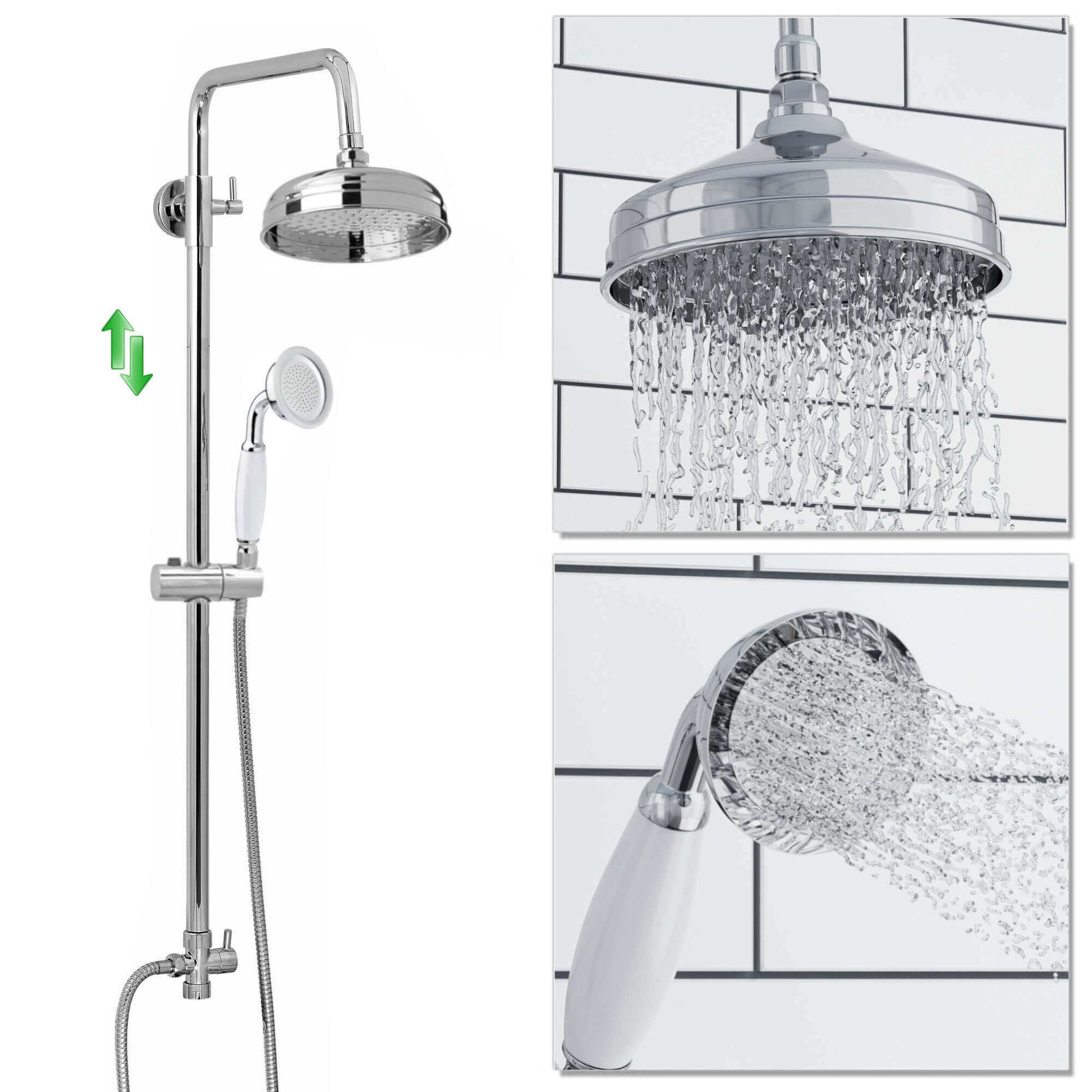 Buy Dune dual shower riser kit adjustable height angled traditional watercan head 200mm, brass ceramic handshower - chrome Online UK | HOUSE OF ENKI