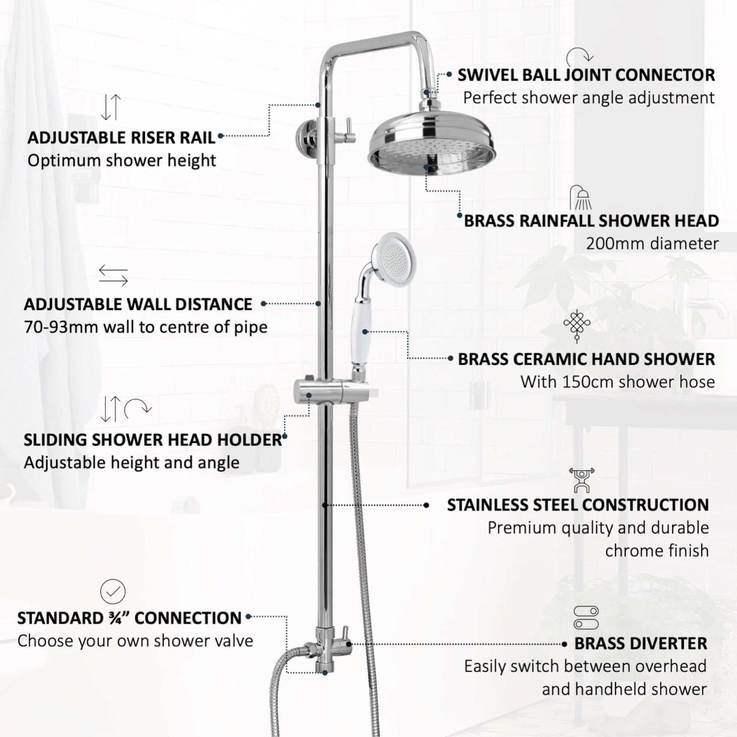 Buy Dune dual shower riser kit adjustable height angled traditional watercan head 200mm, brass ceramic handshower - chrome Online UK | HOUSE OF ENKI