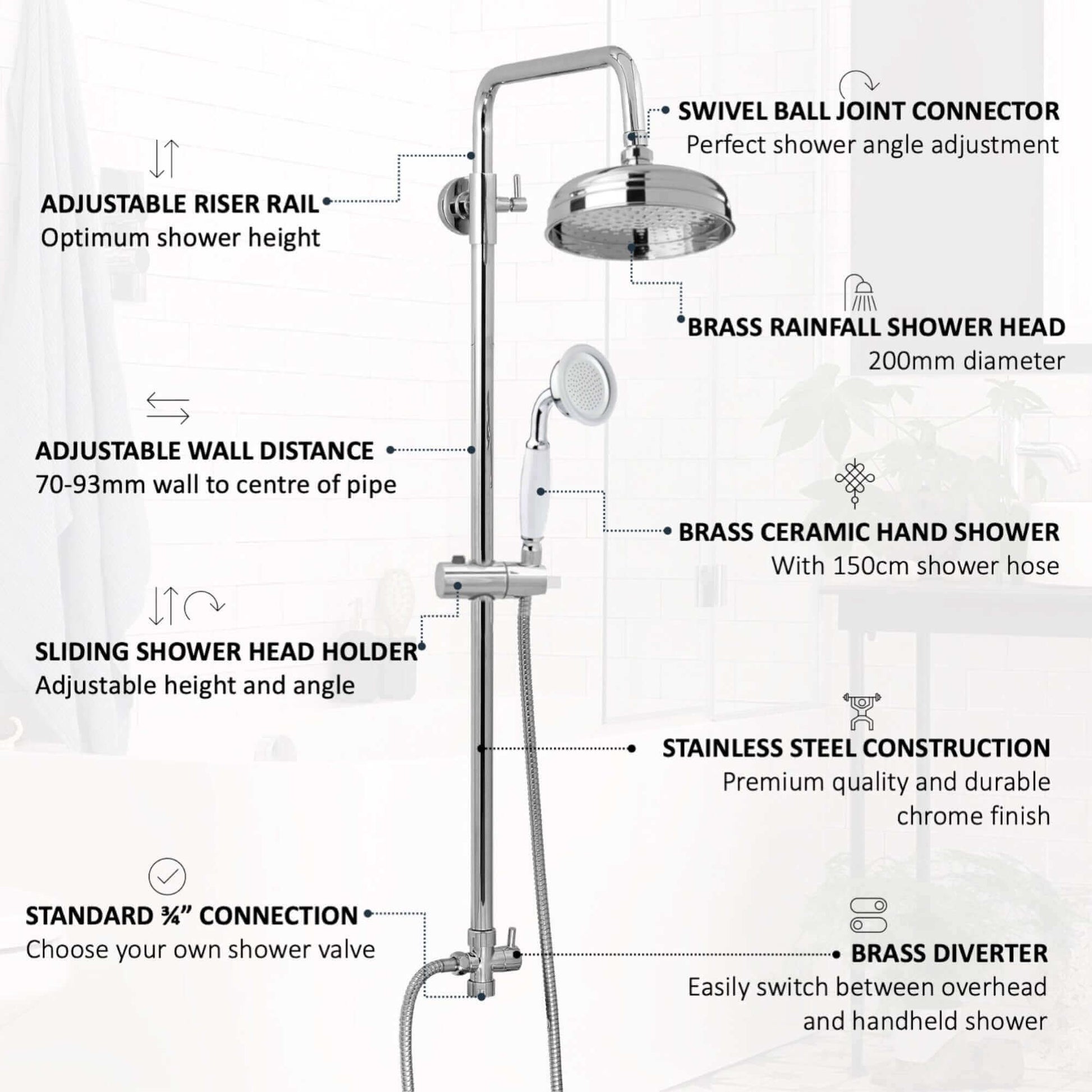 Buy Dune dual shower riser kit adjustable height angled traditional watercan head 200mm, brass ceramic handshower - chrome Online UK | HOUSE OF ENKI