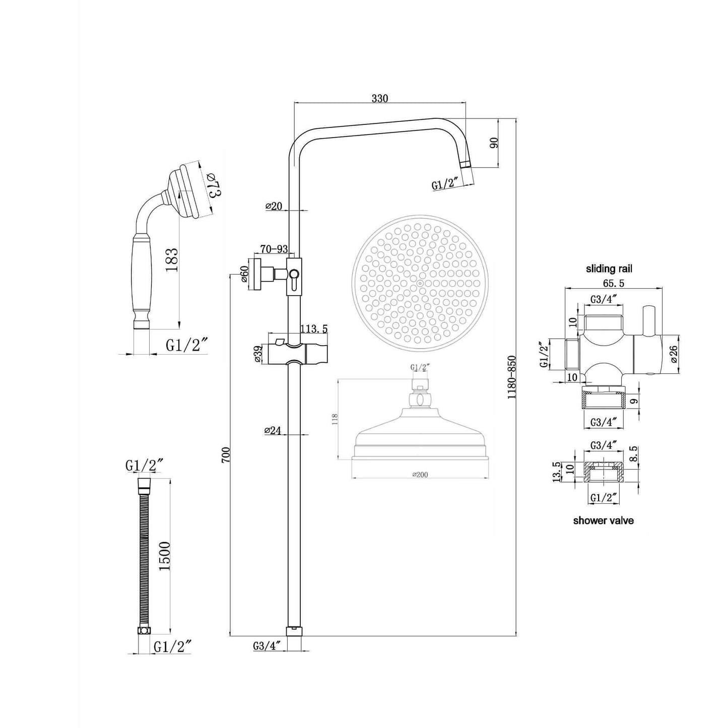 Buy Dune dual shower riser kit adjustable height angled traditional watercan head 200mm, brass ceramic handshower - chrome Online UK | HOUSE OF ENKI