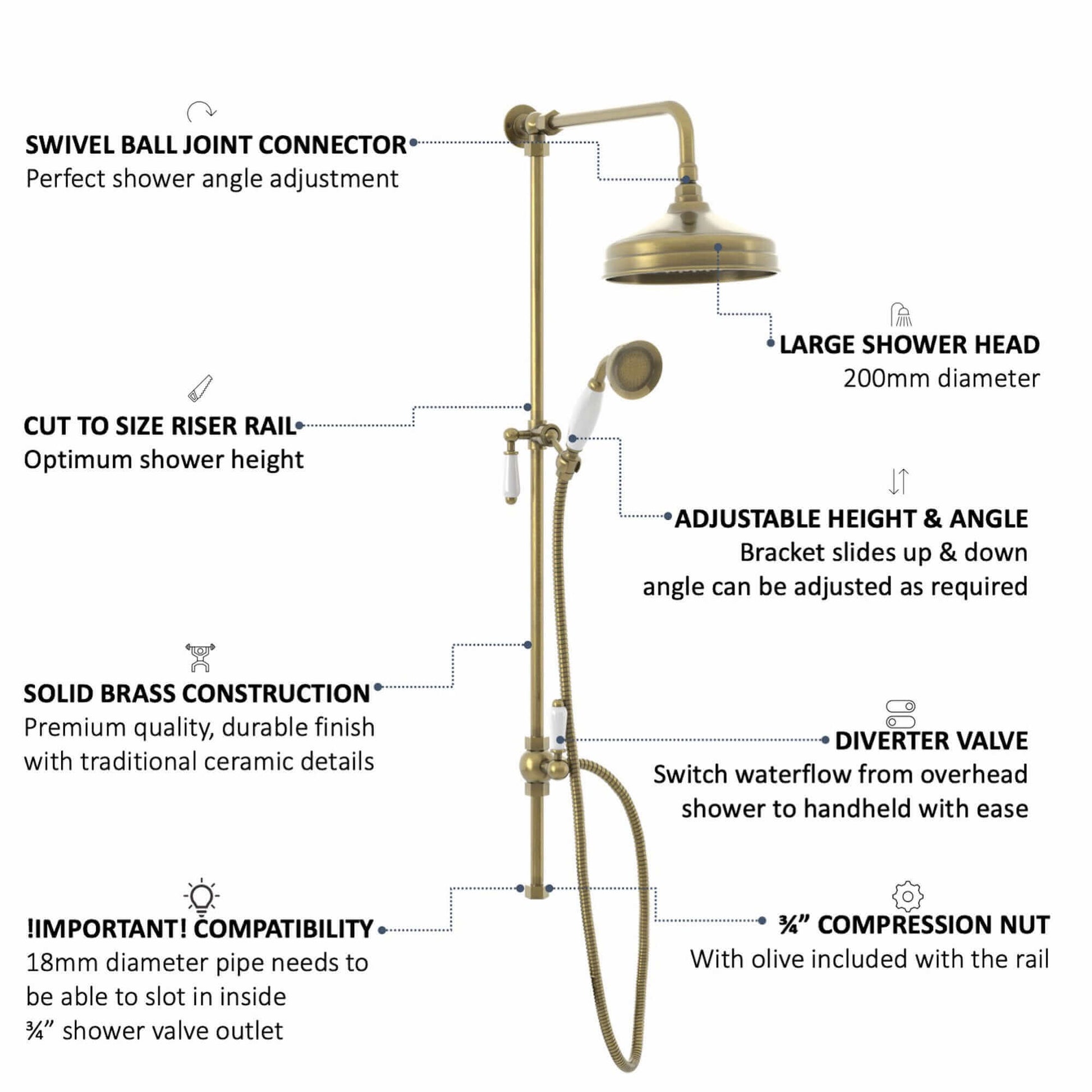 Buy Downton traditional shower riser rail kit 2 outlet watercan head 200mm - antique brass Online UK | HOUSE OF ENKI