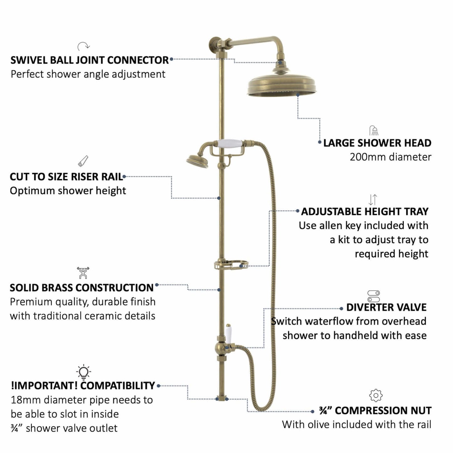 Buy Downton traditional shower riser rail kit 2 outlet soap dish watercan head 200mm - antique brass Online UK | HOUSE OF ENKI