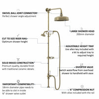 Downton traditional shower riser rail kit 2 outlet soap dish watercan head 200mm - antique bronze - Showers