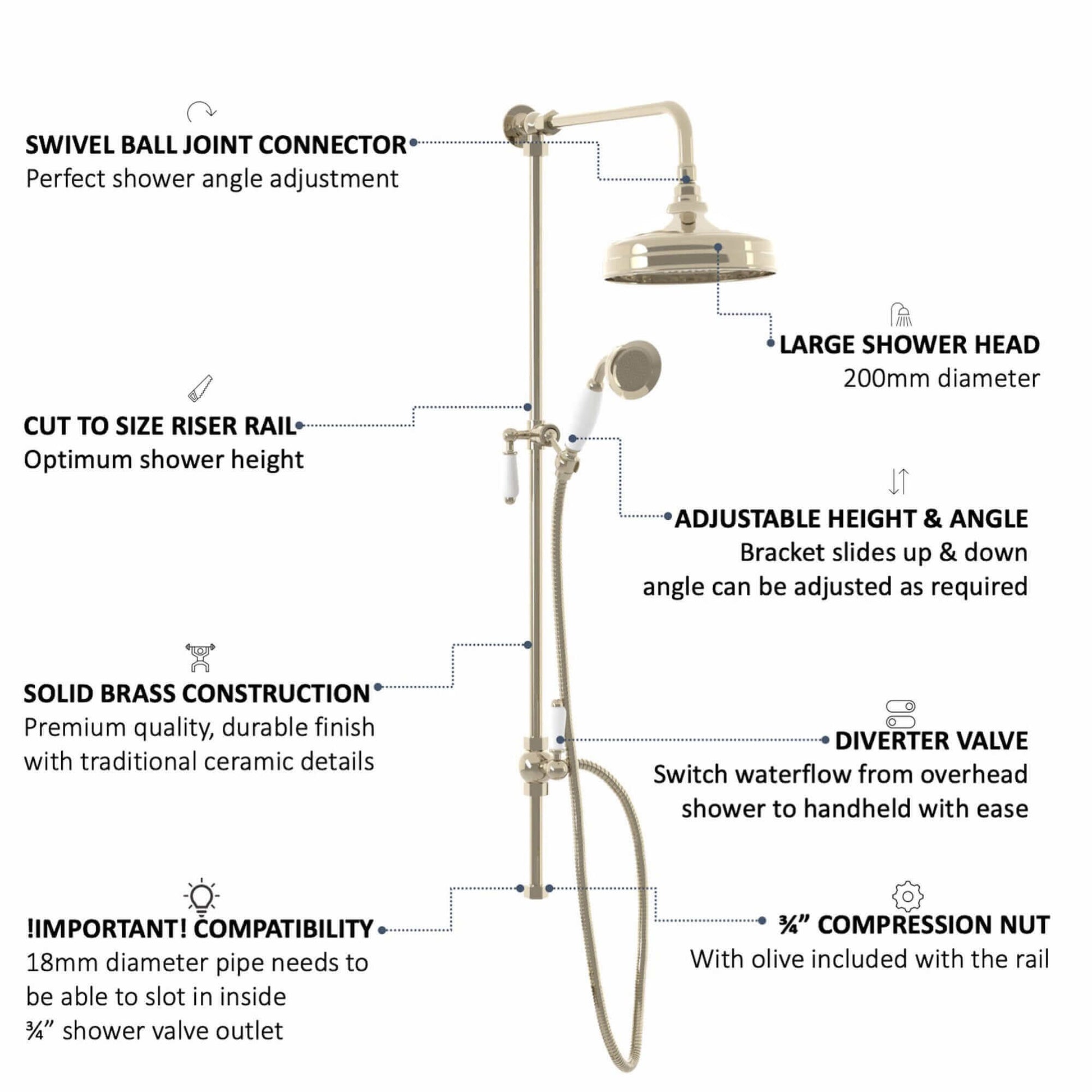 Buy Downton traditional shower riser rail kit 2 outlet watercan head 200mm - gold Online UK | HOUSE OF ENKI