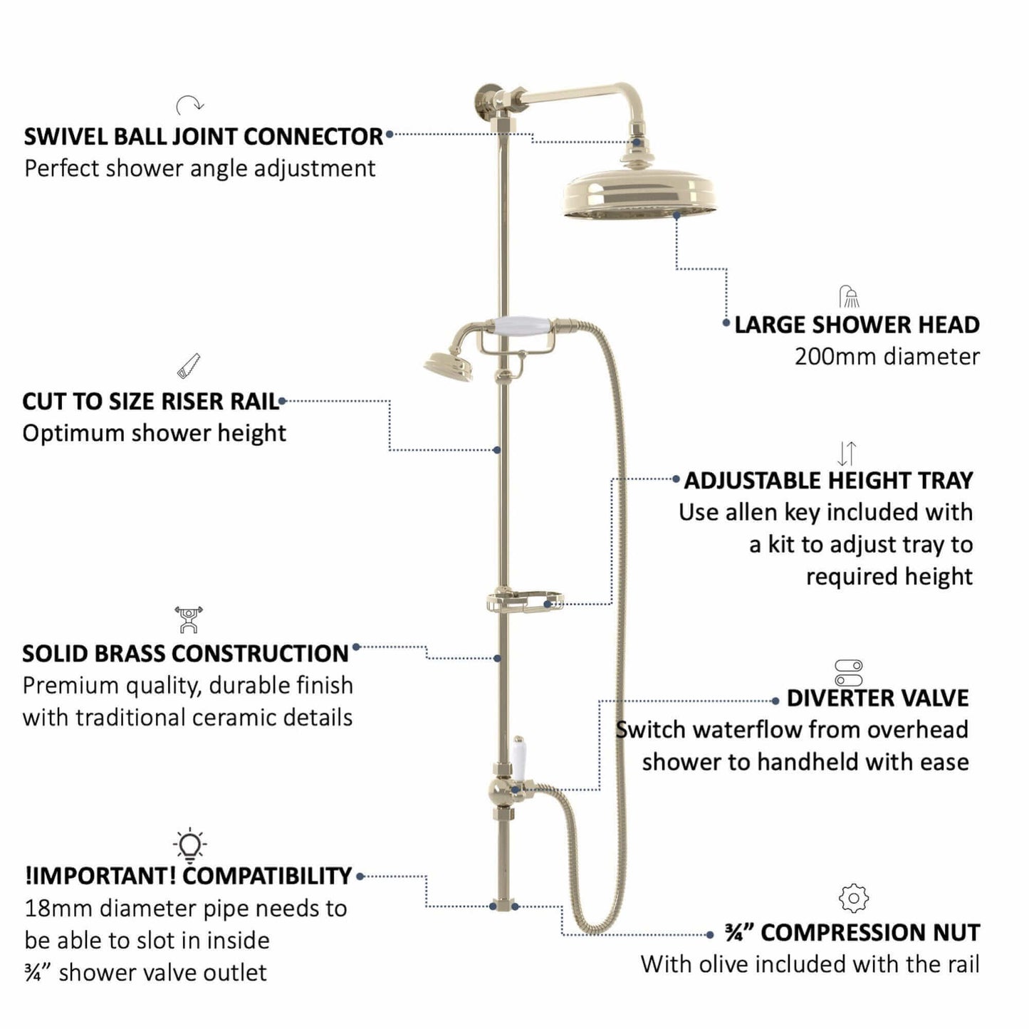 Buy Downton traditional shower riser rail kit 2 outlet soap dish watercan head 200mm - gold Online UK | HOUSE OF ENKI
