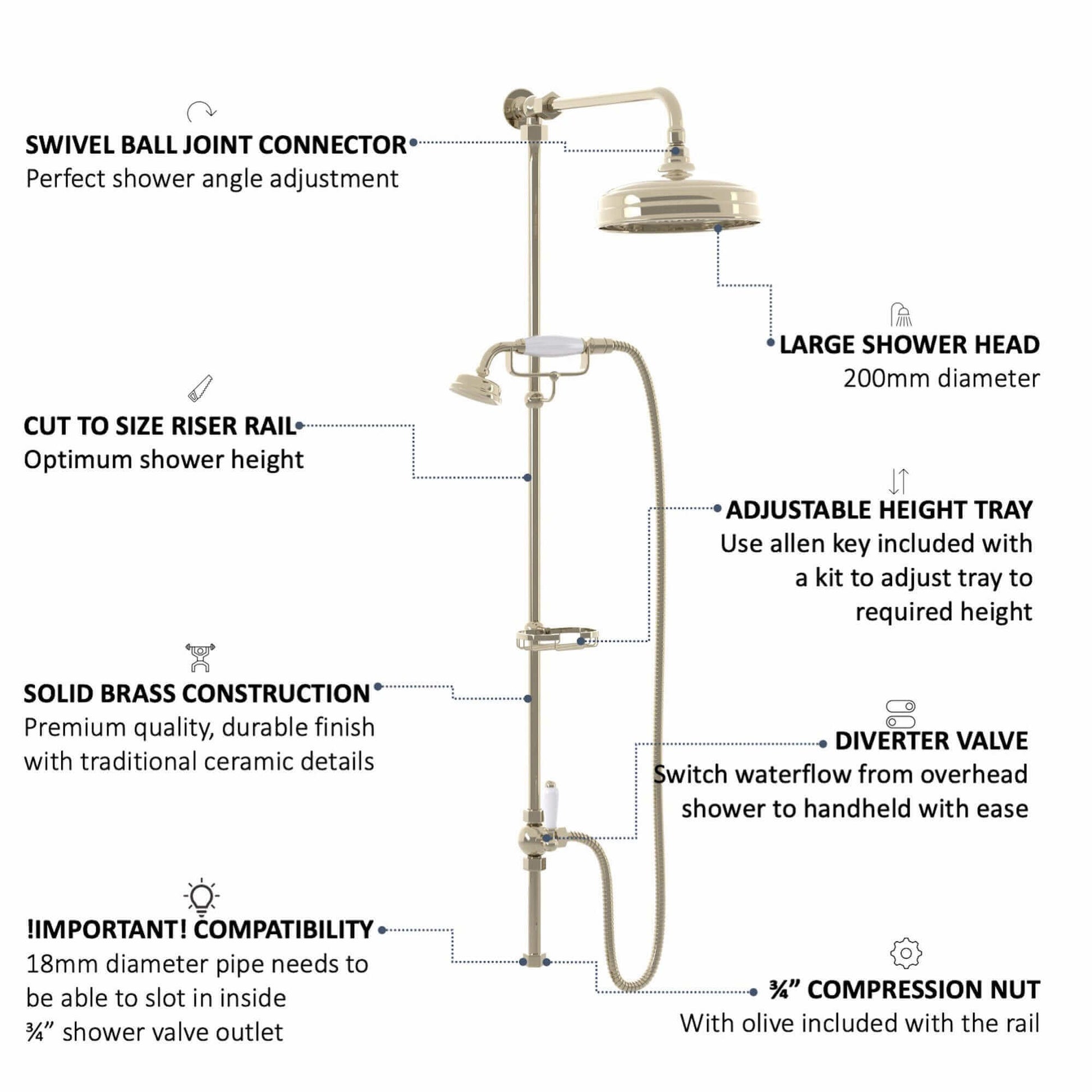 Buy Downton traditional shower riser rail kit 2 outlet soap dish watercan head 200mm - gold Online UK | HOUSE OF ENKI