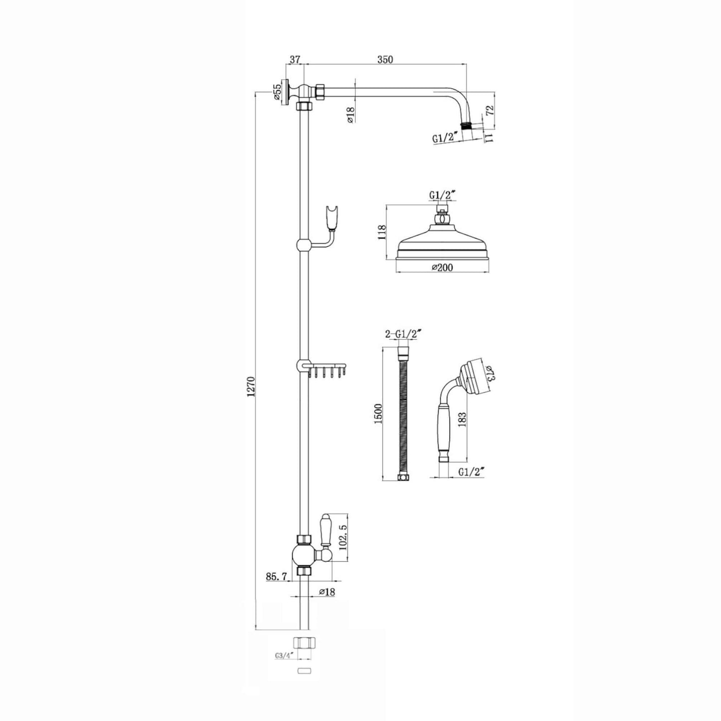 Downton traditional shower riser rail kit 2 outlet soap dish watercan head 200mm - English gold - Showers