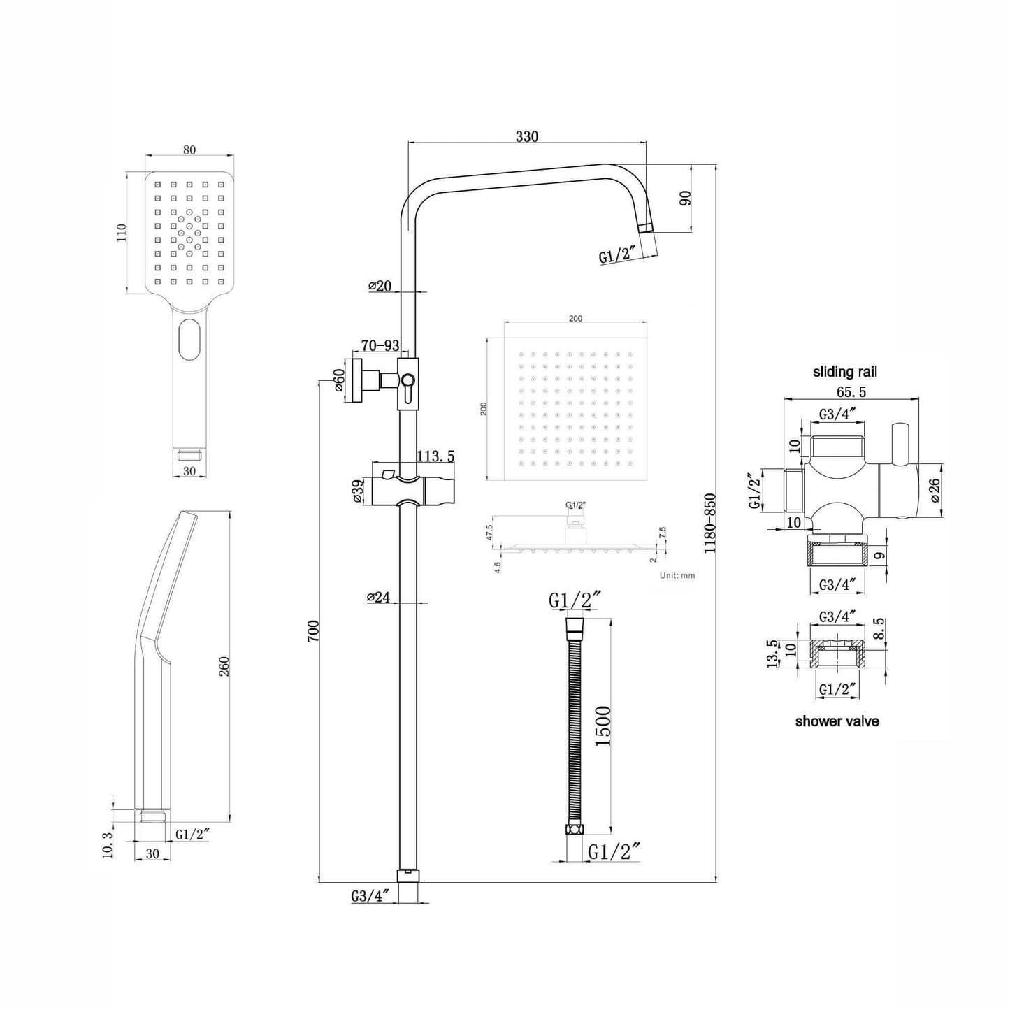 Buy Dune dual shower riser kit adjustable height angled square easy clean head 200mm, handshower - chrome Online UK | HOUSE OF ENKI