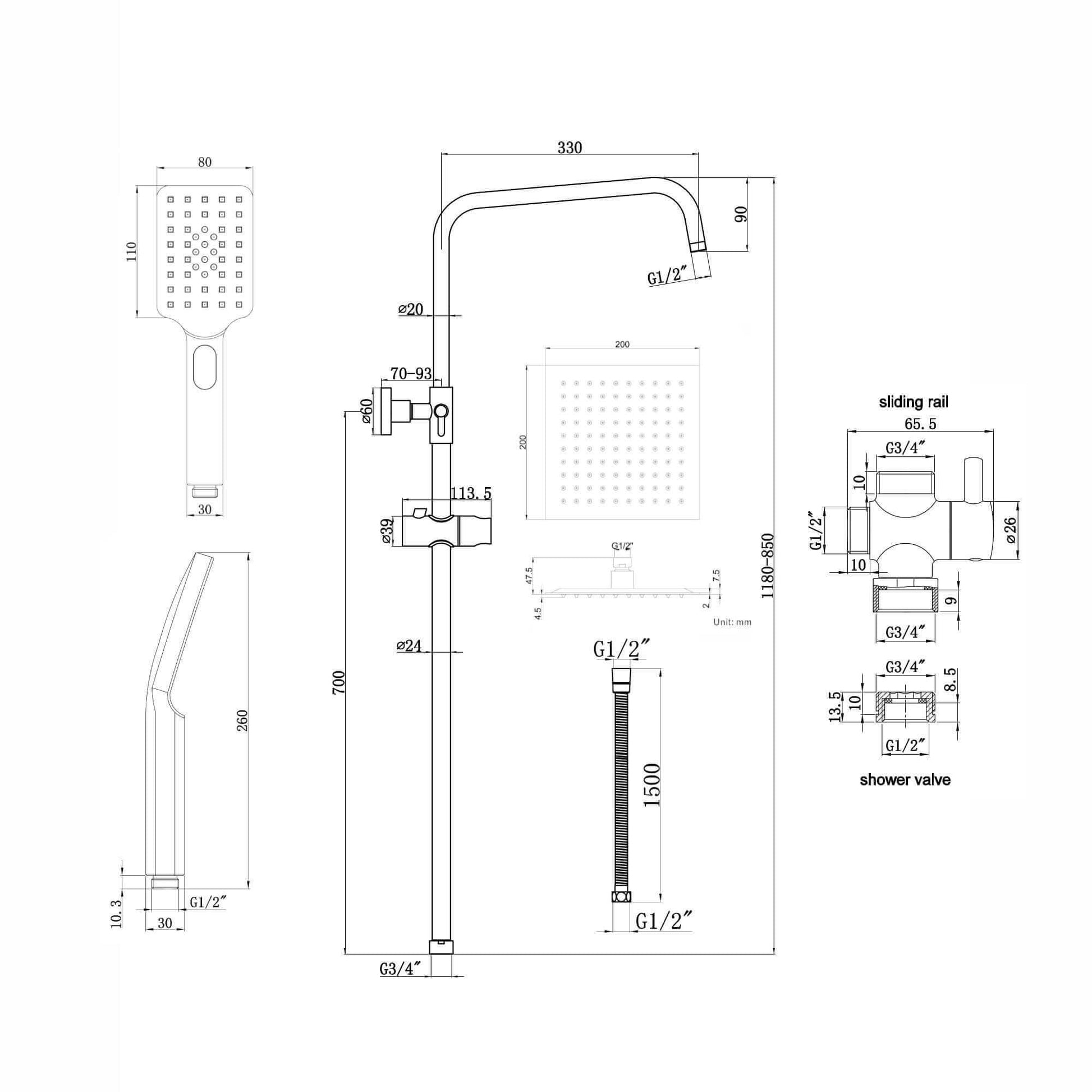Buy Dune dual shower riser kit adjustable height angled square easy clean head 200mm, handshower - chrome Online UK | HOUSE OF ENKI
