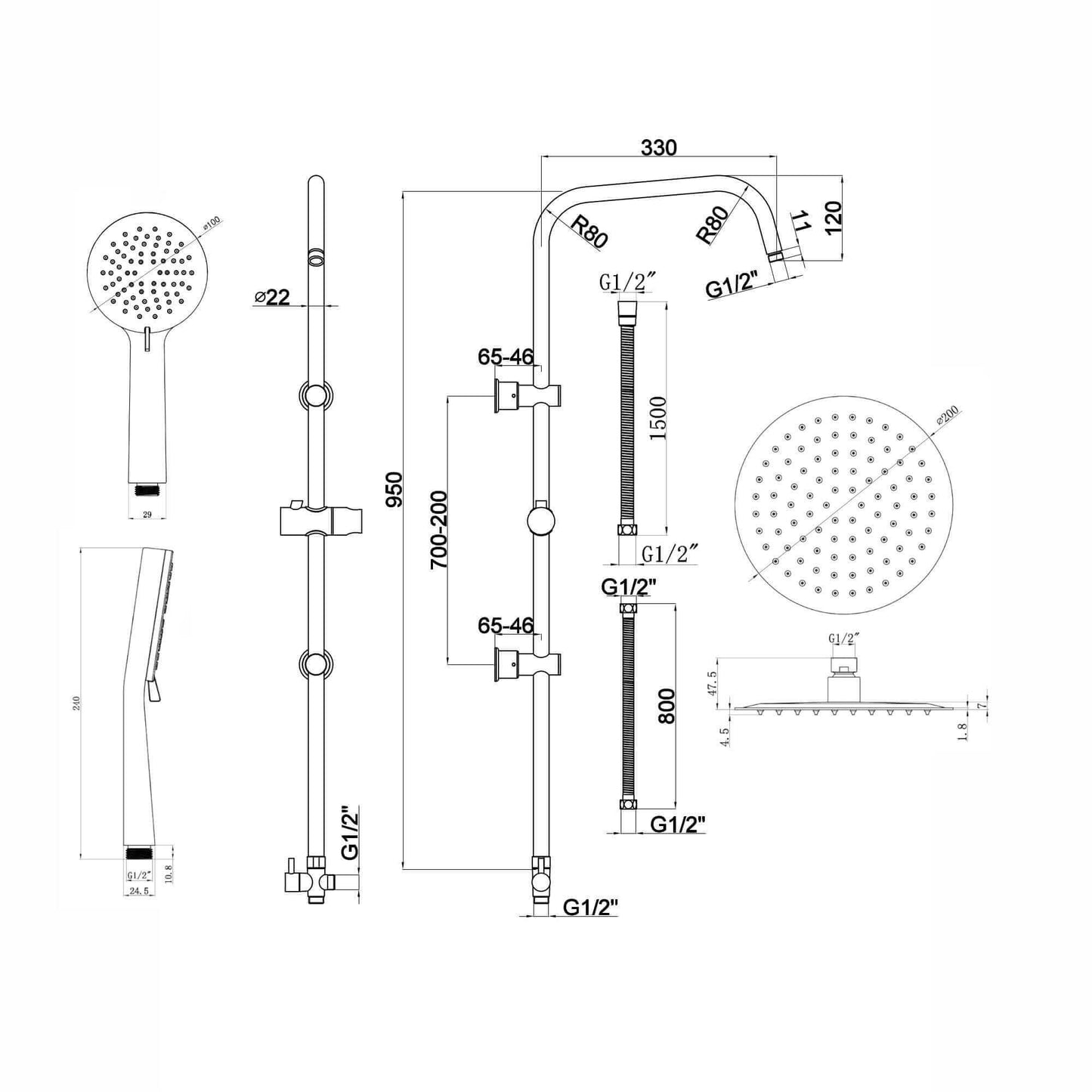 Buy Carre Dual Rigid Riser Kit Round Ultra Slim Overhead Rain Shower & 3 Setting Handheld Shower - Black Online UK | HOUSE OF ENKI