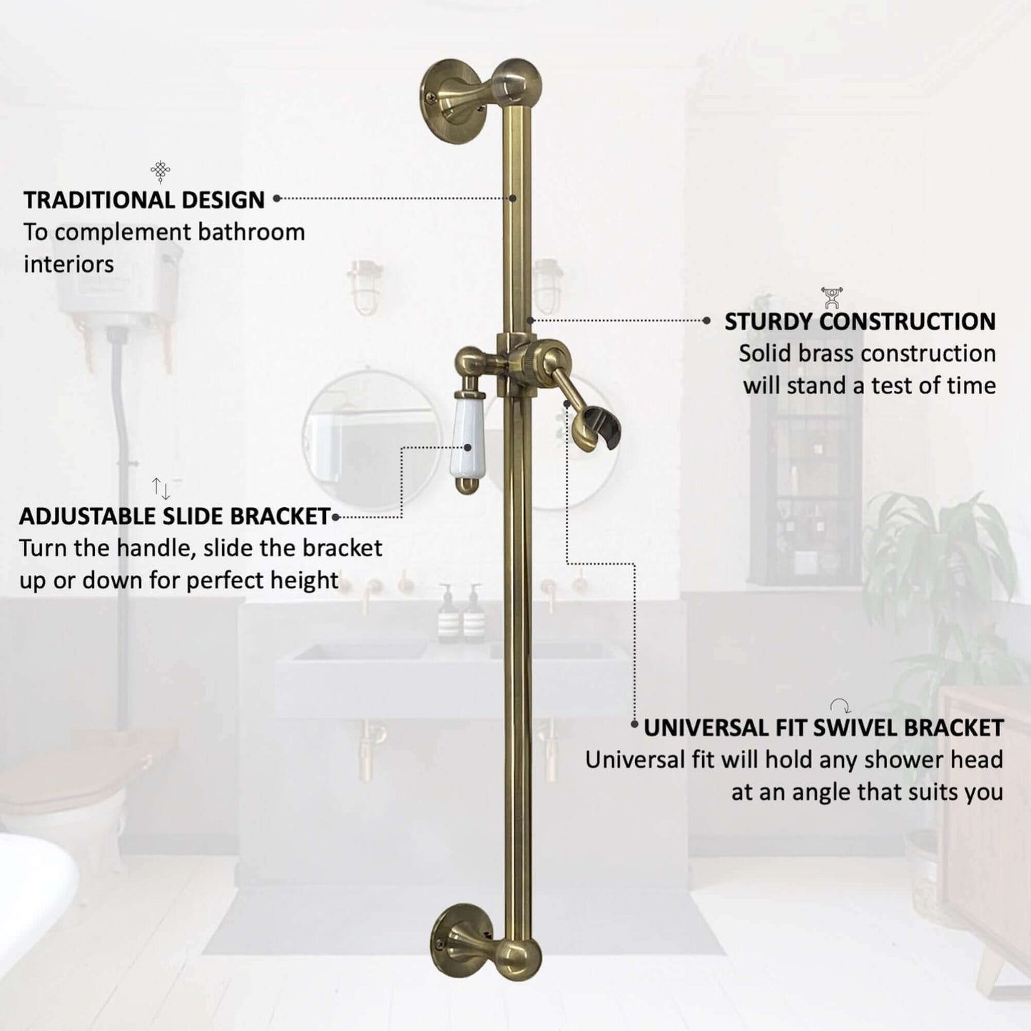 Buy Traditional shower slider rail brass with white ceramic lever bracket - antique brass Online UK | HOUSE OF ENKI