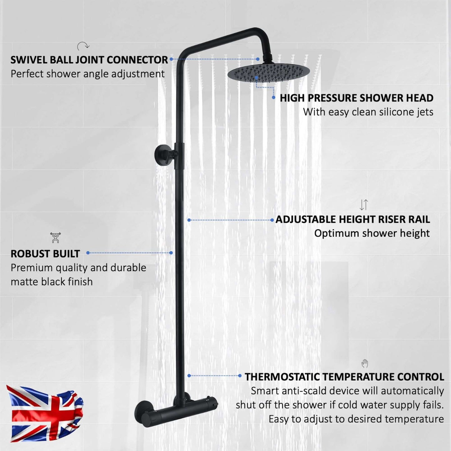 Buy Dune thermostatic bar shower set single outlet with ultra slim 200mm overhead shower - matt black Online UK | HOUSE OF ENKI