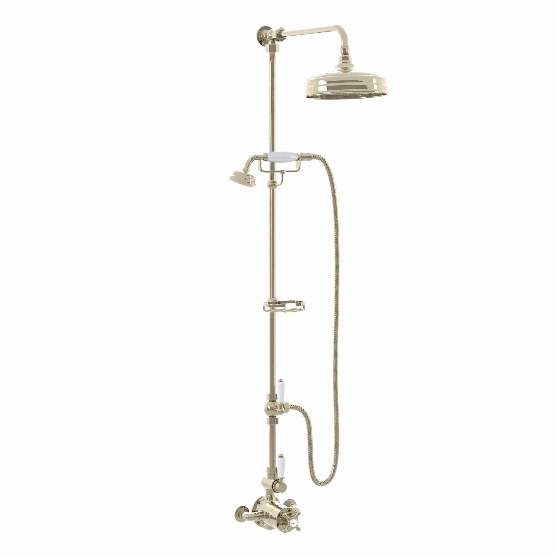 Buy Downton Exposed Traditional Thermostatic Shower Set 2 Outlet Incl. Twin Shower Valve With Diverter, Rigid Riser Rail, 200mm Shower Head, Telephone Style Ceramic Handset & Caddy - Gold Online UK | HOUSE OF ENKI