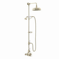 Downton Exposed Traditional Thermostatic Shower Set 2 Outlet Incl. Twin Shower Valve With Diverter, Rigid Riser Rail, 200mm Shower Head, Telephone Style Ceramic Handset & Caddy - English Gold And White - Showers