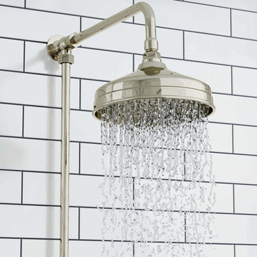 Buy Downton Exposed Traditional Thermostatic Shower Set 2 Outlet Incl. Twin Shower Valve With Diverter, Rigid Riser Rail, 200mm Shower Head, Telephone Style Ceramic Handset & Caddy - Gold Online UK | HOUSE OF ENKI