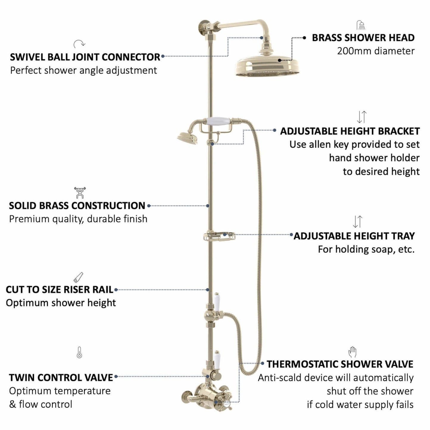 Buy Downton Exposed Traditional Thermostatic Shower Set 2 Outlet Incl. Twin Shower Valve With Diverter, Rigid Riser Rail, 200mm Shower Head, Telephone Style Ceramic Handset & Caddy - Gold Online UK | HOUSE OF ENKI