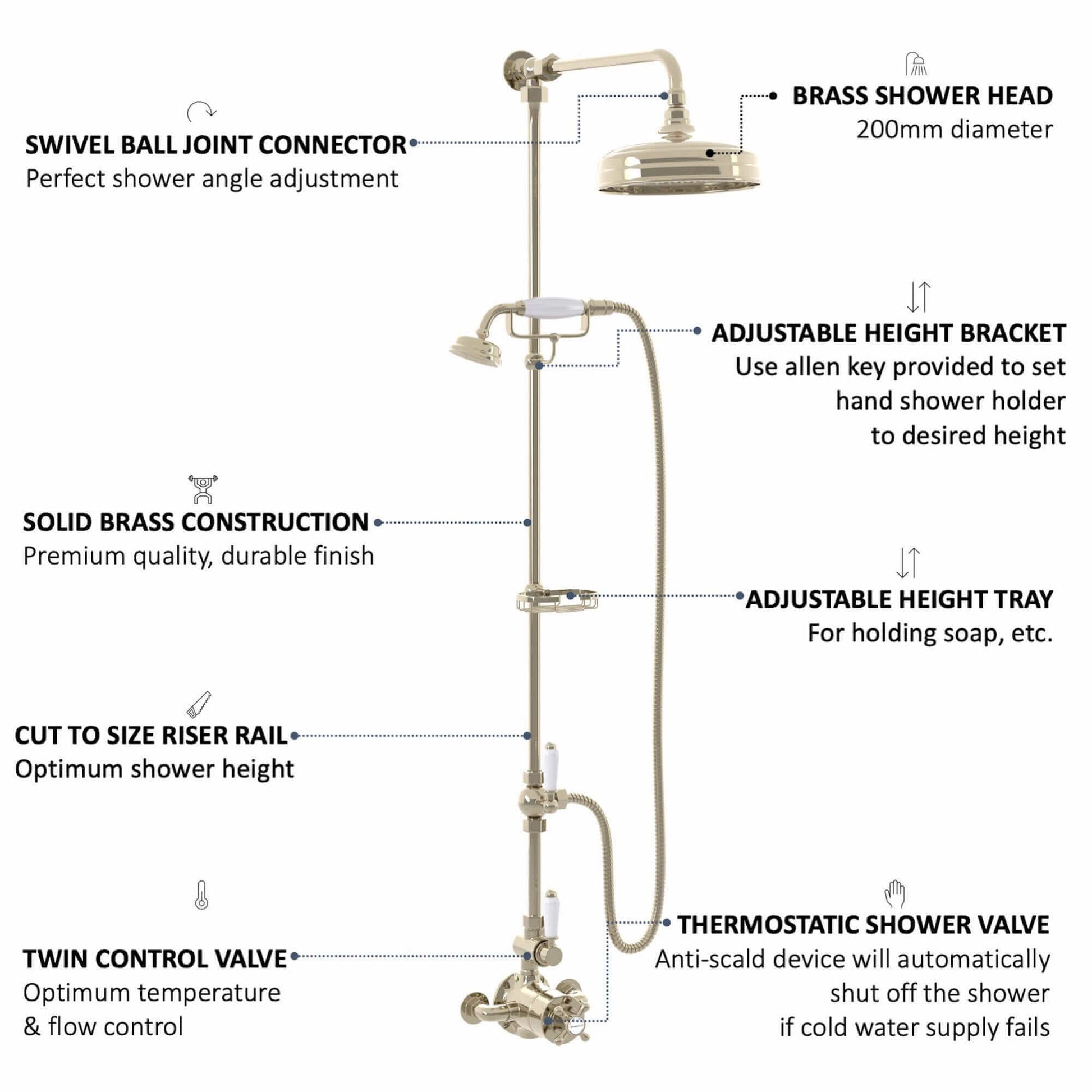 Buy Downton Exposed Traditional Thermostatic Shower Set 2 Outlet Incl. Twin Shower Valve With Diverter, Rigid Riser Rail, 200mm Shower Head, Telephone Style Ceramic Handset & Caddy - Gold Online UK | HOUSE OF ENKI