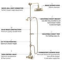 Buy Downton Exposed Traditional Thermostatic Shower Set 2 Outlet Incl. Twin Shower Valve With Diverter, Rigid Riser Rail, 200mm Shower Head, Telephone Style Ceramic Handset & Caddy - Gold Online UK | HOUSE OF ENKI