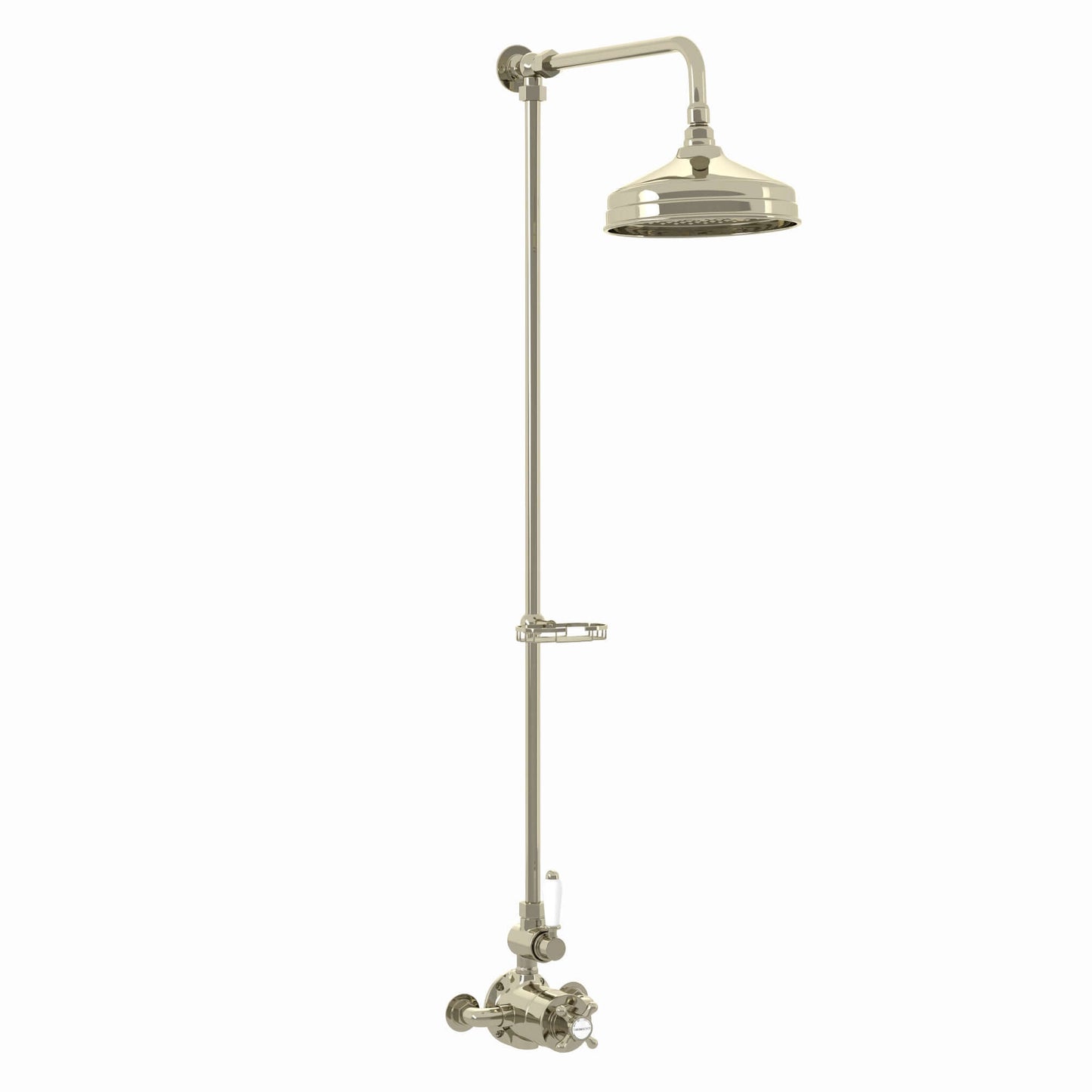 Buy Downton Exposed Traditional Thermostatic Shower Set Single Outlet Incl. Twin Shower Valve, Rigid Riser Rail, 200mm Shower Head & Caddy - Gold Online UK | HOUSE OF ENKI