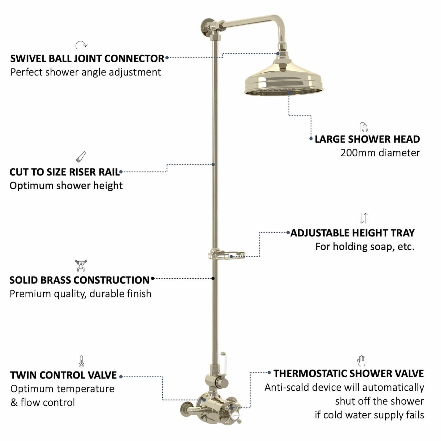 Buy Downton Exposed Traditional Thermostatic Shower Set Single Outlet Incl. Twin Shower Valve, Rigid Riser Rail, 200mm Shower Head & Caddy - Gold Online UK | HOUSE OF ENKI