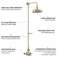 Buy Downton Exposed Traditional Thermostatic Shower Set Single Outlet Incl. Twin Shower Valve, Rigid Riser Rail, 200mm Shower Head & Caddy - Gold Online UK | HOUSE OF ENKI