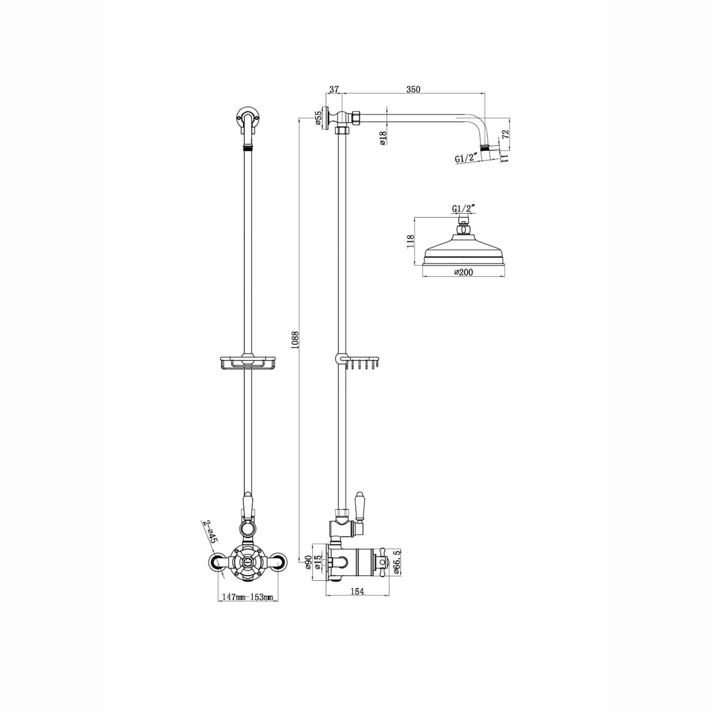 Downton Exposed Traditional Thermostatic Shower Set Single Outlet Incl. Twin Shower Valve, Rigid Riser Rail, 200mm Shower Head & Caddy - English Gold And White - Showers