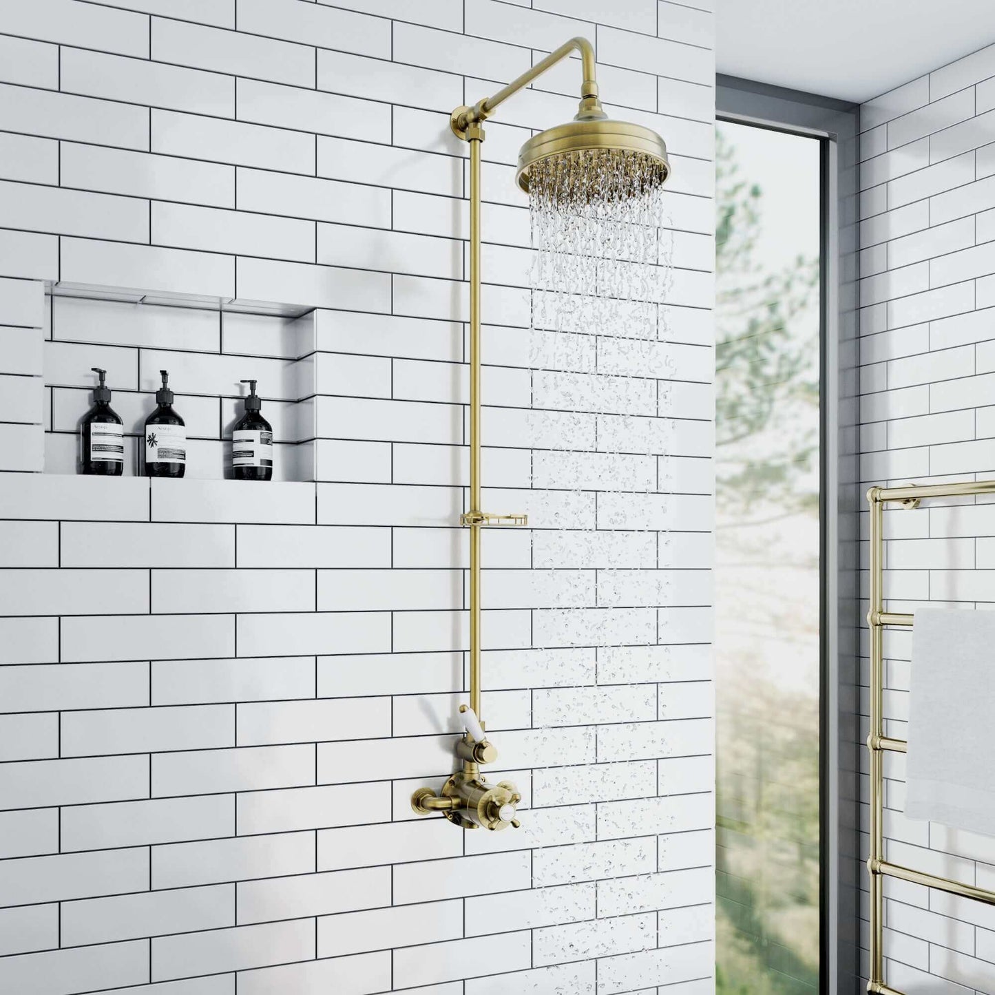 Buy Downton Exposed Traditional Thermostatic Shower Set Single Outlet Incl. Twin Shower Valve, Rigid Riser Rail, 200mm Shower Head & Caddy - Antique Brass Online UK | HOUSE OF ENKI