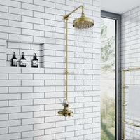 Buy Downton Exposed Traditional Thermostatic Shower Set Single Outlet Incl. Twin Shower Valve, Rigid Riser Rail, 200mm Shower Head & Caddy - Antique Brass Online UK | HOUSE OF ENKI