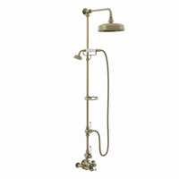 Downton Exposed Traditional Thermostatic Shower Set 2 Outlet Incl. Twin Shower Valve With Diverter, Rigid Riser Rail, 200mm Shower Head, Telephone Style Ceramic Handset & Caddy - Antique Bronze And White - Showers