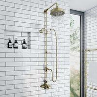 Downton Exposed Traditional Thermostatic Shower Set 2 Outlet Incl. Twin Shower Valve With Diverter, Rigid Riser Rail, 200mm Shower Head, Telephone Style Ceramic Handset & Caddy - Antique Bronze And White - Showers