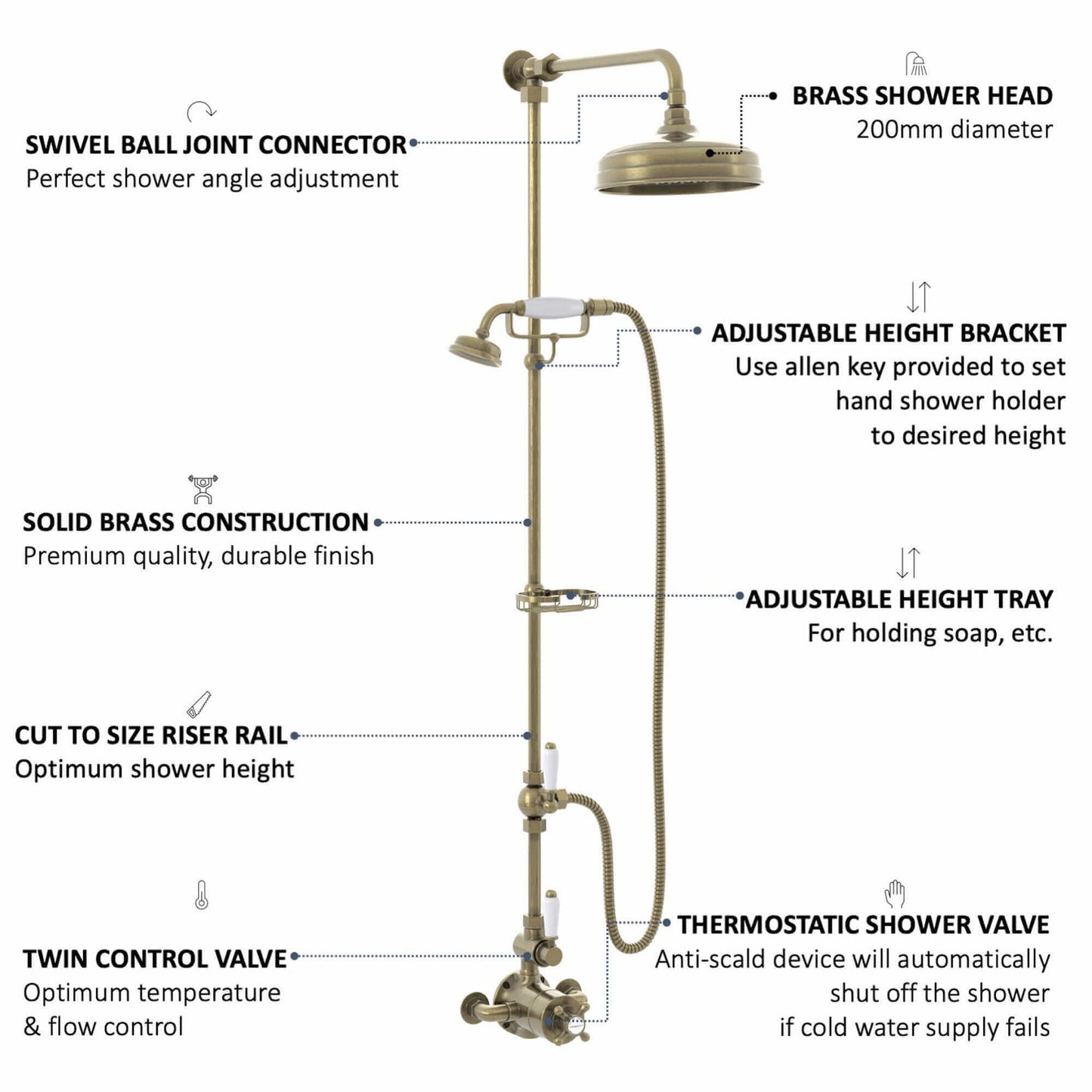 Buy Downton Exposed Traditional Thermostatic Shower Set 2 Outlet Incl. Twin Shower Valve With Diverter, Rigid Riser Rail, 200mm Shower Head, Telephone Style Ceramic Handset & Caddy - Antique Brass Online UK | HOUSE OF ENKI