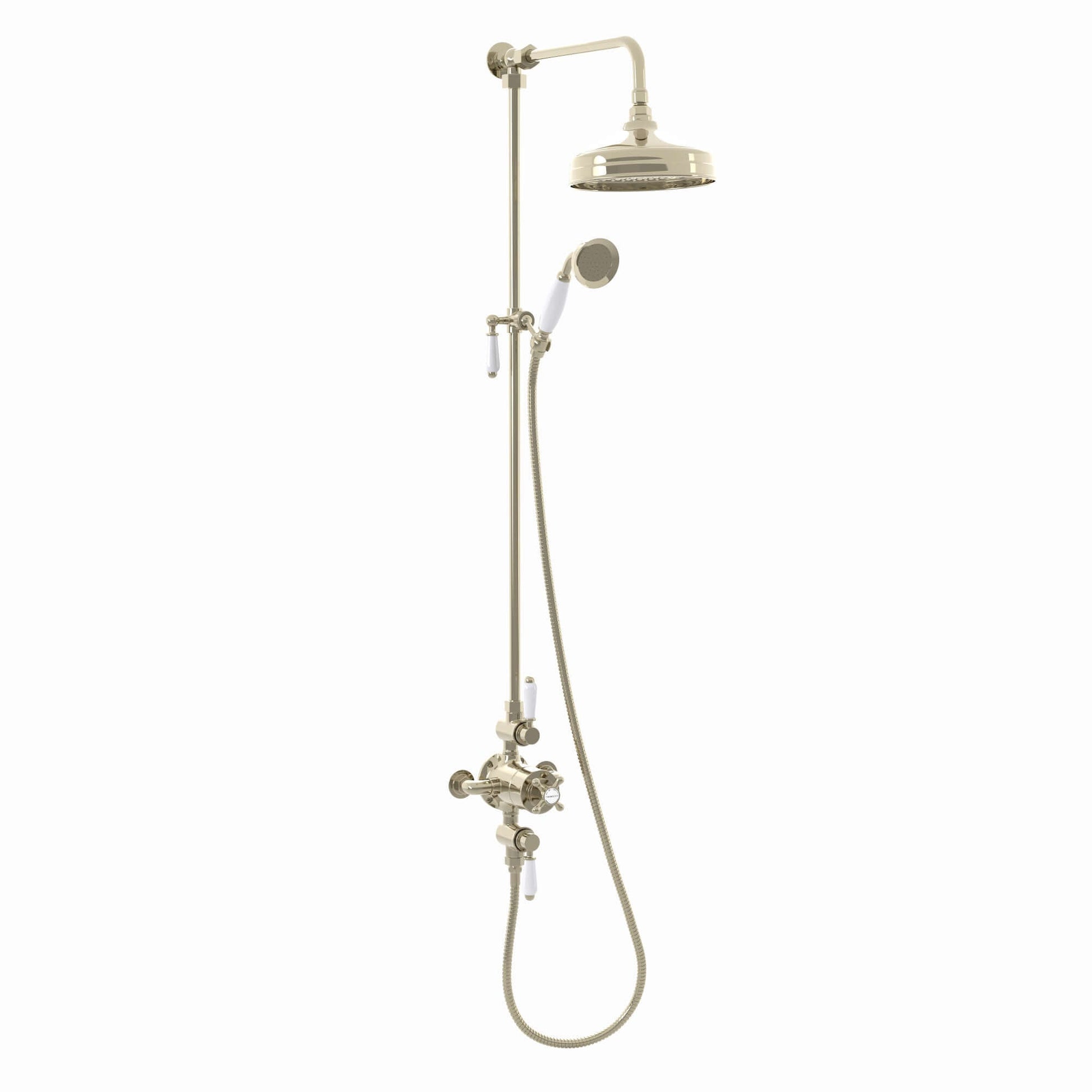 Buy Downton Exposed Traditional Thermostatic Shower Set 2 Outlet, Incl. Triple Shower Valve, Rigid Riser Rail, 200mm Shower Head & Ceramic Handset - Gold Online UK | HOUSE OF ENKI