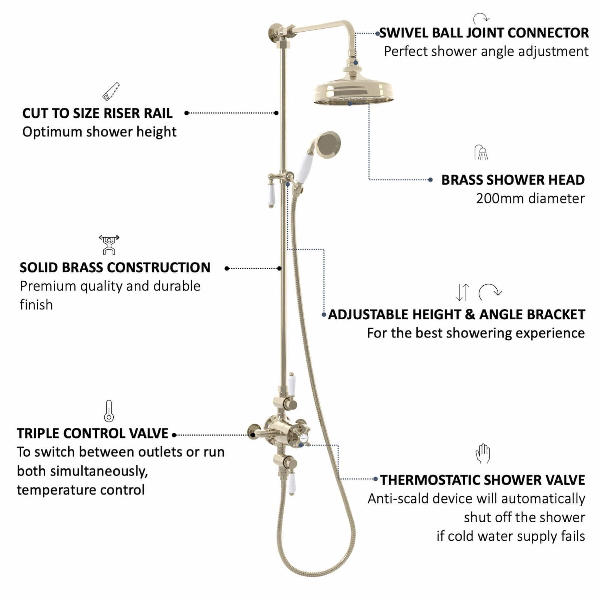 Buy Downton Exposed Traditional Thermostatic Shower Set 2 Outlet, Incl. Triple Shower Valve, Rigid Riser Rail, 200mm Shower Head & Ceramic Handset - Gold Online UK | HOUSE OF ENKI