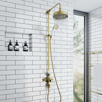 Downton Exposed Traditional Thermostatic Shower Set 2 Outlet, Incl. Triple Shower Valve, Rigid Riser Rail, 200mm Shower Head & Ceramic Handset - Antique Bronze And White - Showers