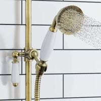 Downton Exposed Traditional Thermostatic Shower Set 2 Outlet, Incl. Triple Shower Valve, Rigid Riser Rail, 200mm Shower Head & Ceramic Handset - Antique Bronze And White - Showers